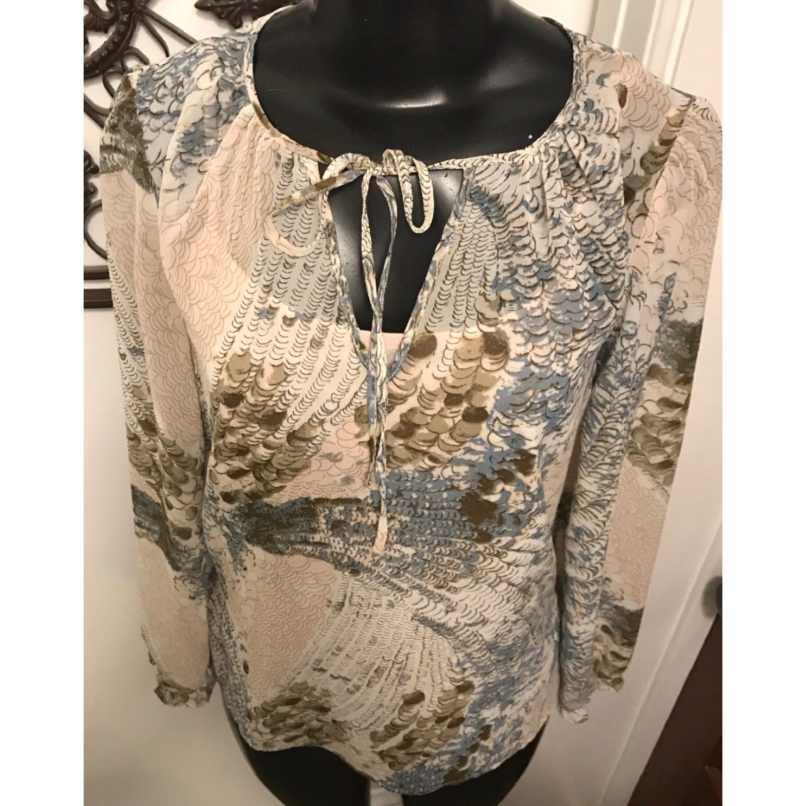 Vintage XS Context Sheer Blouse Cami Tan Blue Womens Camisole Peasant Pullover 100% Polyester Dress? Size XS / US 0-2 / IT 36-38 - 6 Thumbnail