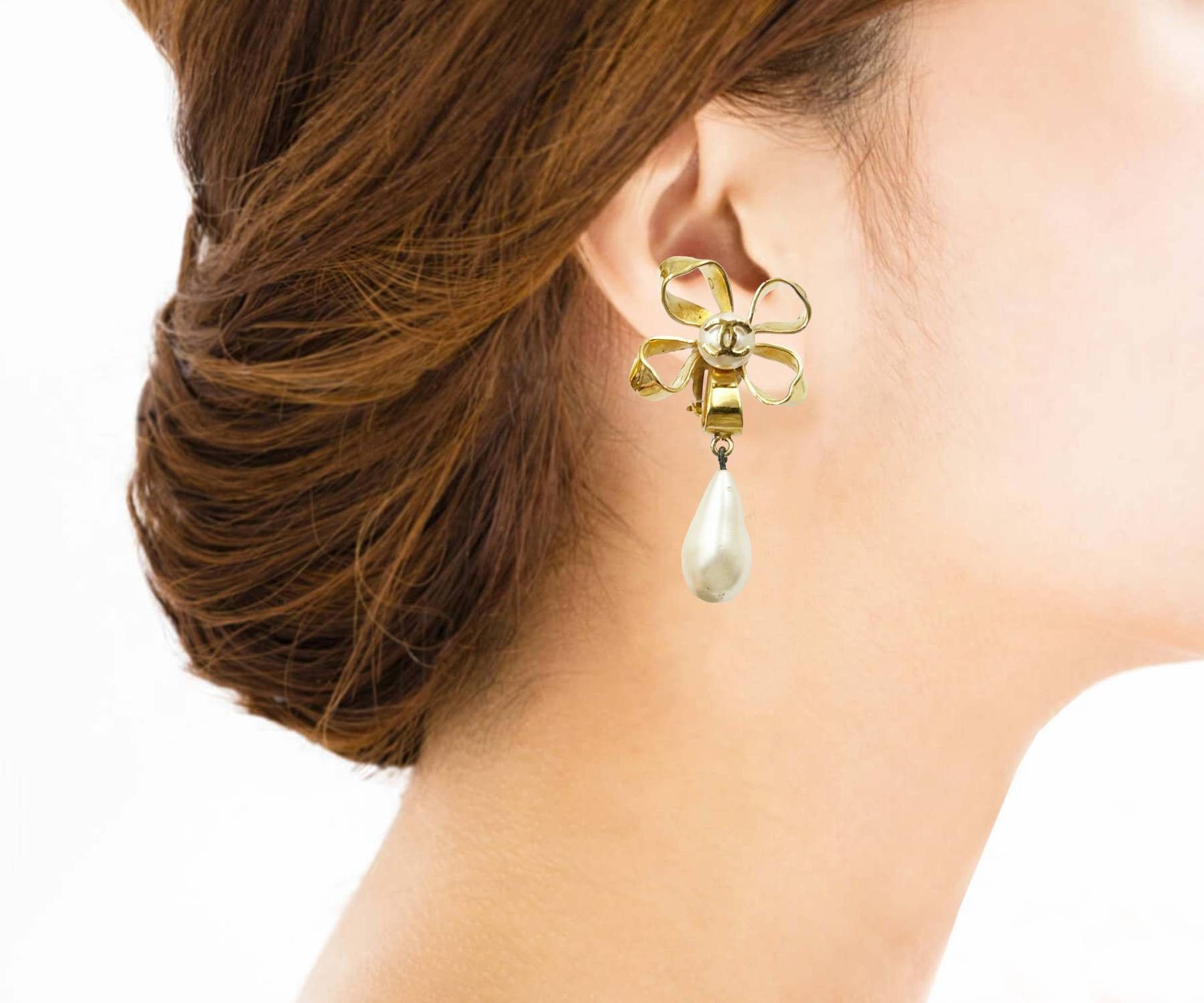 Chanel Chanel Gold Plated CC Ribbon Flower Pearl Dangle Earrings Size ONE SIZE - 3 Thumbnail