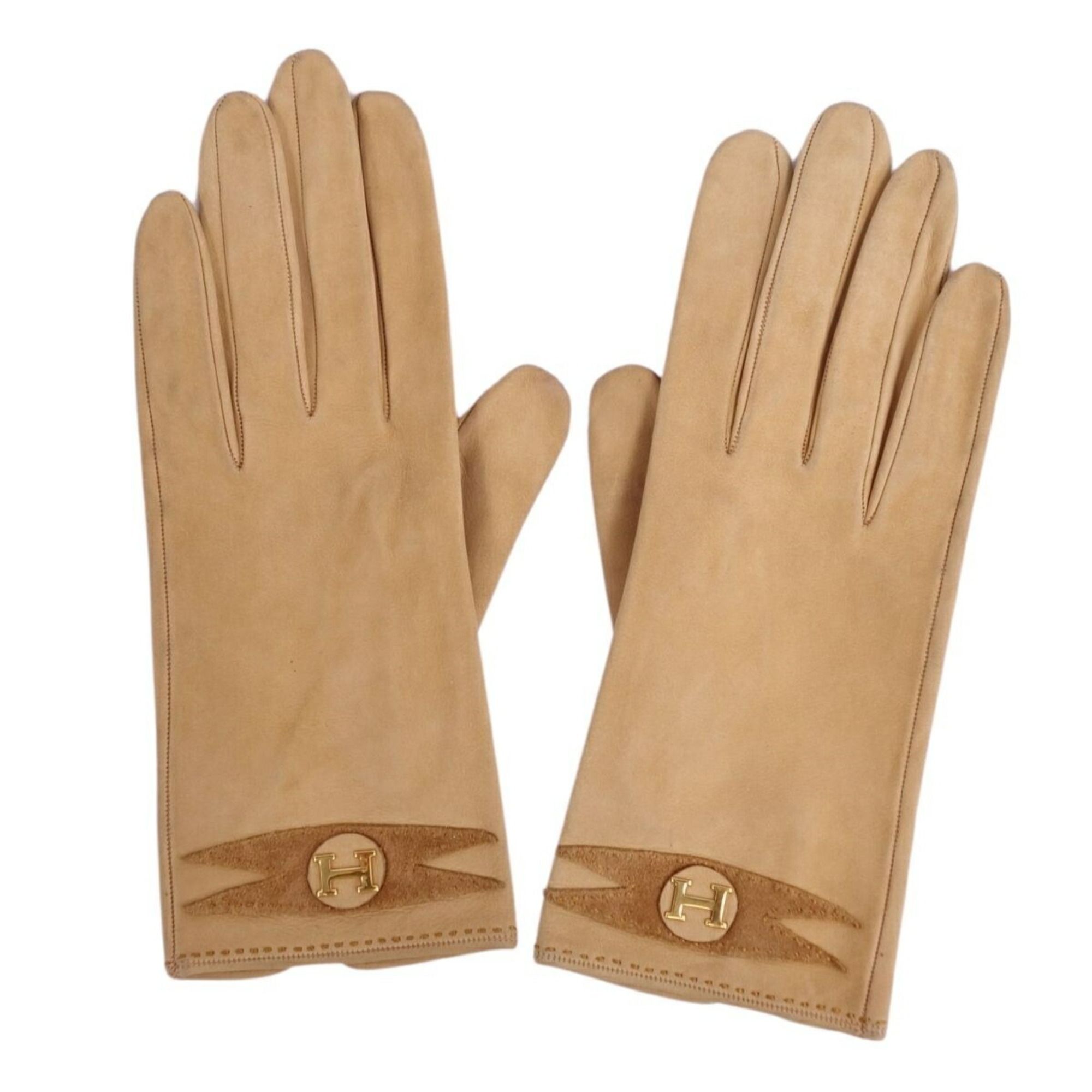 image of Hermes Gloves H Lamb Leather Ladies 7 Brown, Women's