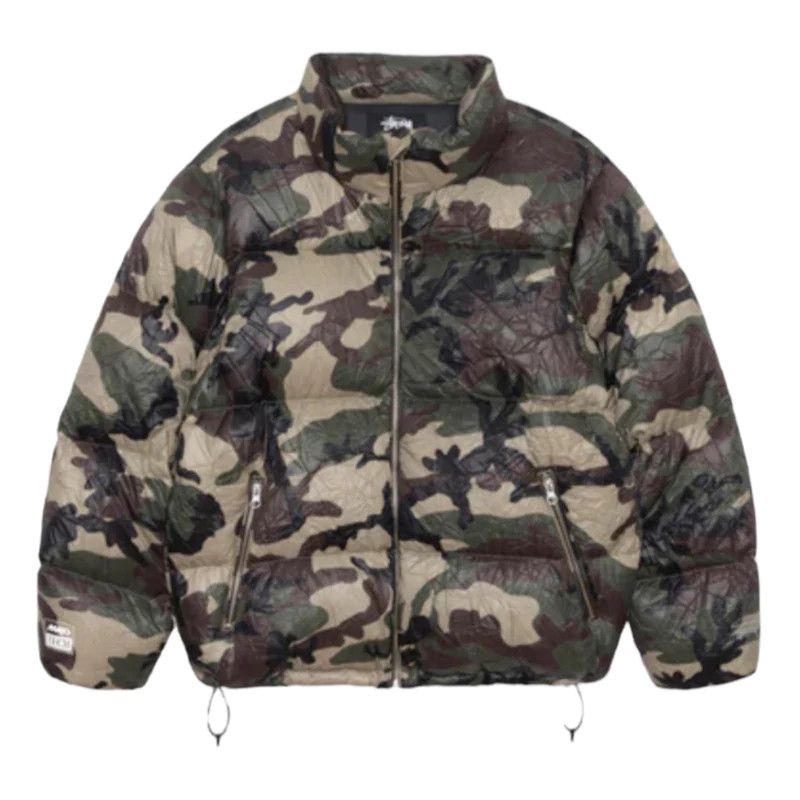 image of Stussy Down Puffer Wrinkle Jacket Camo in Army, Men's (Size Small)