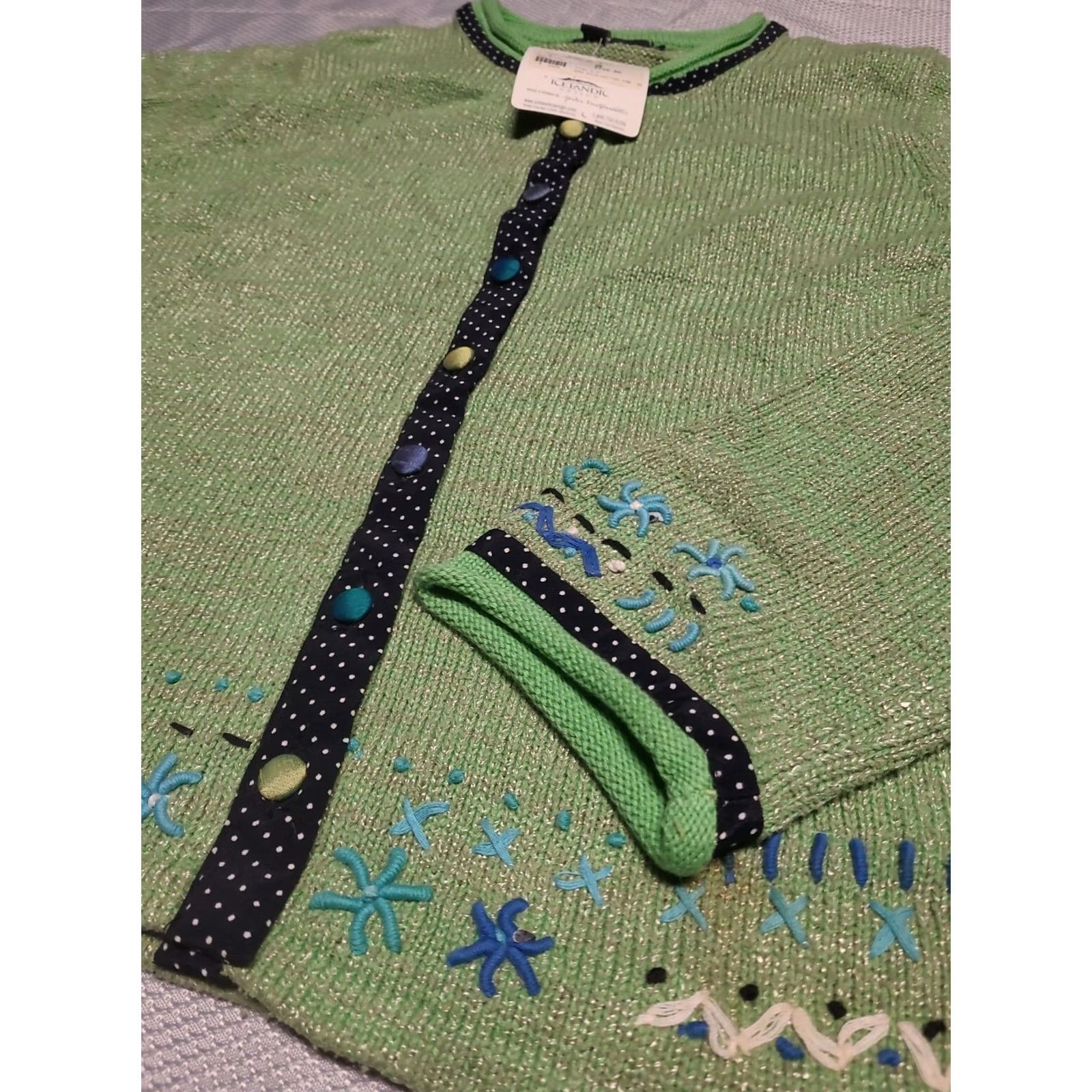 Vintage VTG Icelandic Design Cardigan Sweater Womens S Green Silk Cotton Knit Fair Isle Button Knitwear Buttoned Long Sleeve NWT Size S / US 4 / IT 40 - 2 Thumbnail