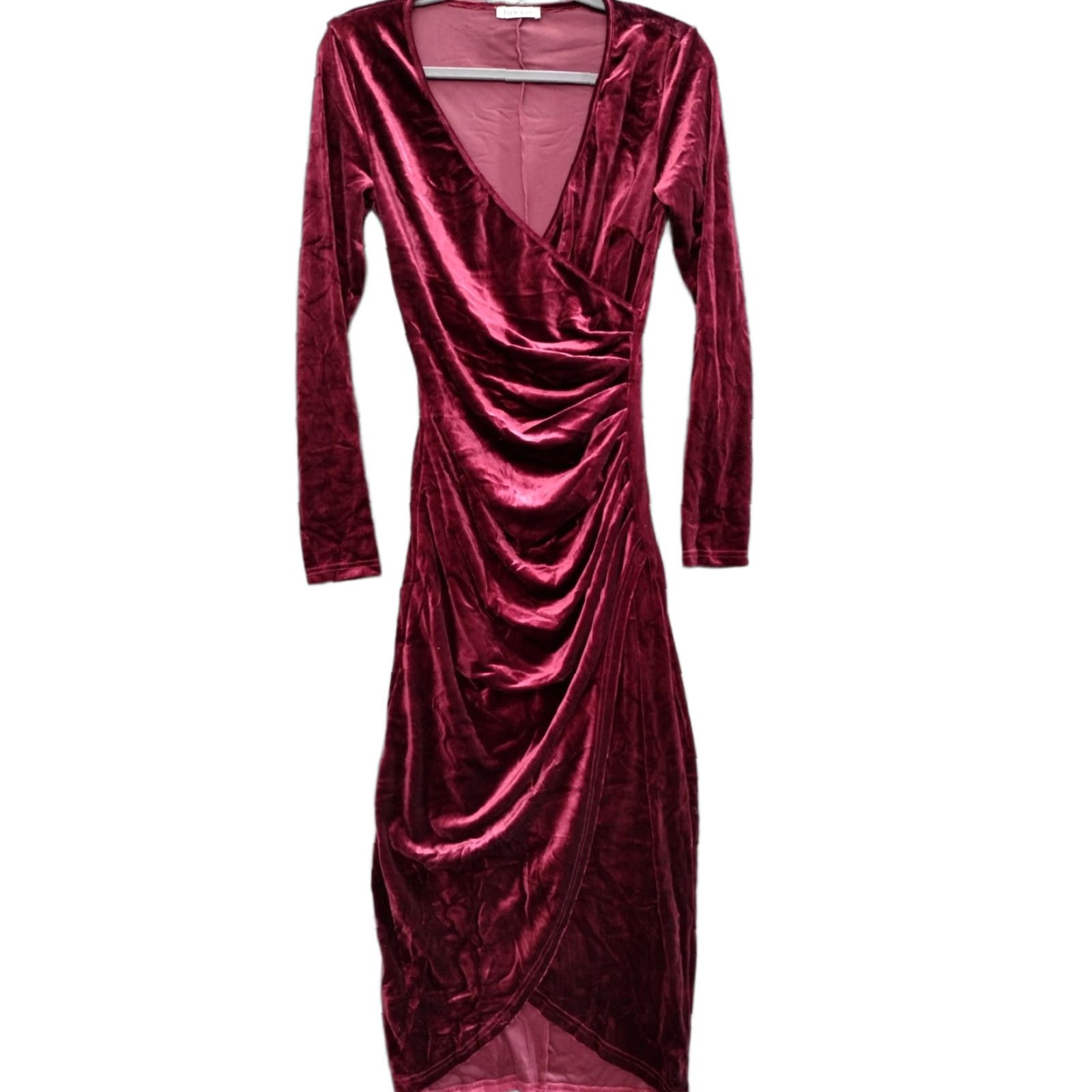 Velvet Dirass Women Dress S Burgundy Velvet Bodycon Ruched Cocktail Over Lap Dress Size S / US 4 / IT 40 - 1 Thumbnail