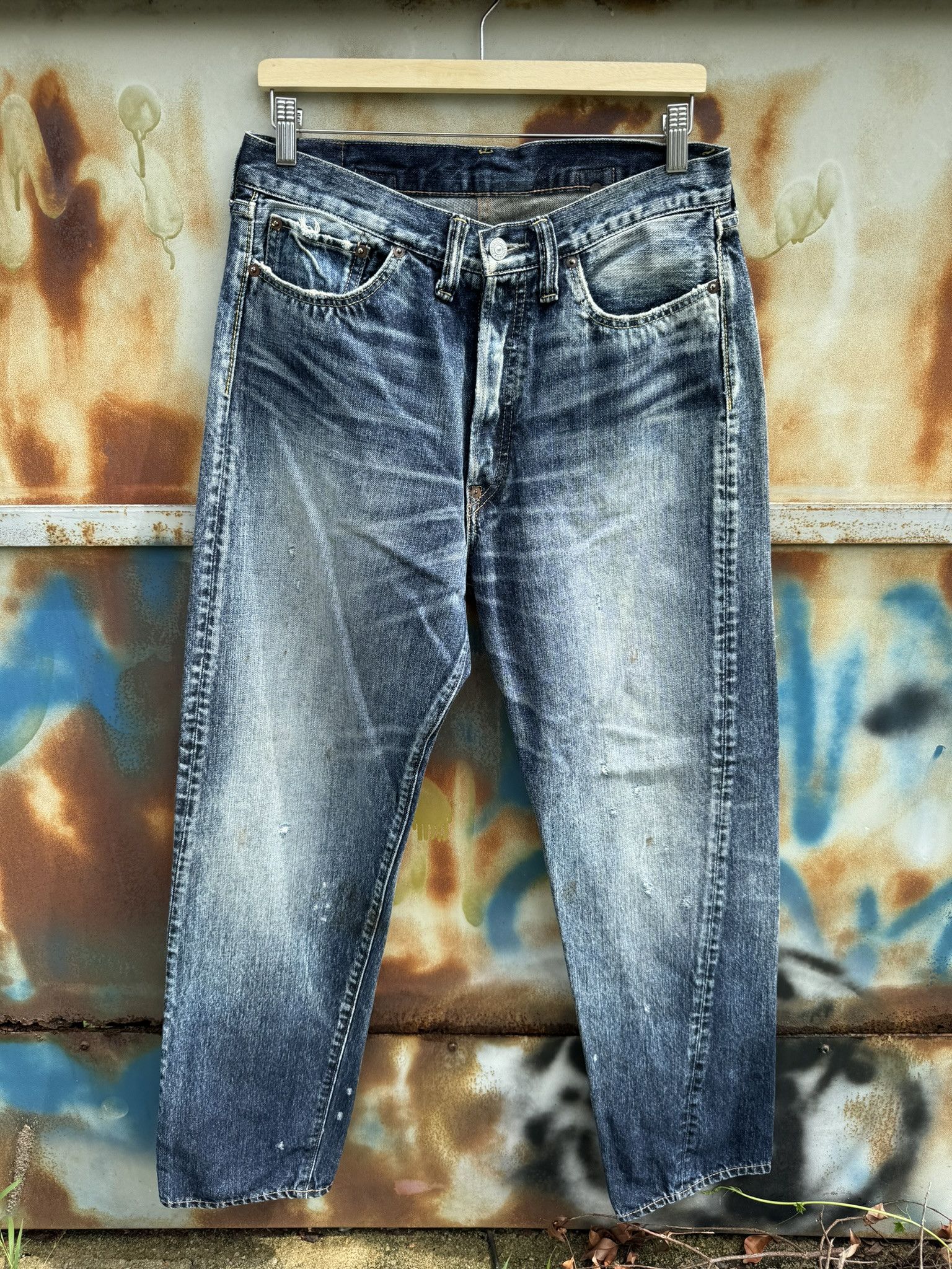 image of Distressed Denim x Vintage Rna Buckle Back Buttonfly Jeans in Dark Blue (Size 32)