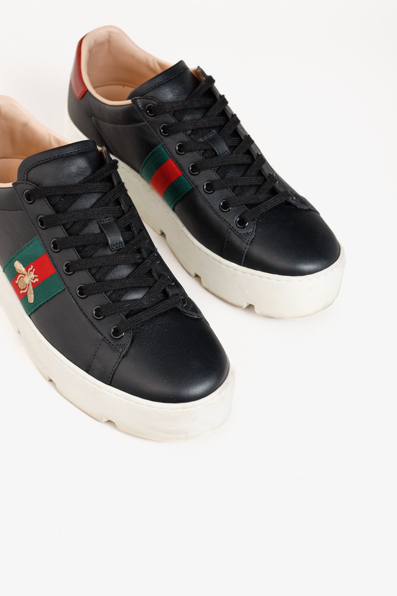 Gucci Gucci Ace Web Gold Bee Black Leather White Platform Sneaker Size US 9.5 / IT 39.5 - 6 Thumbnail