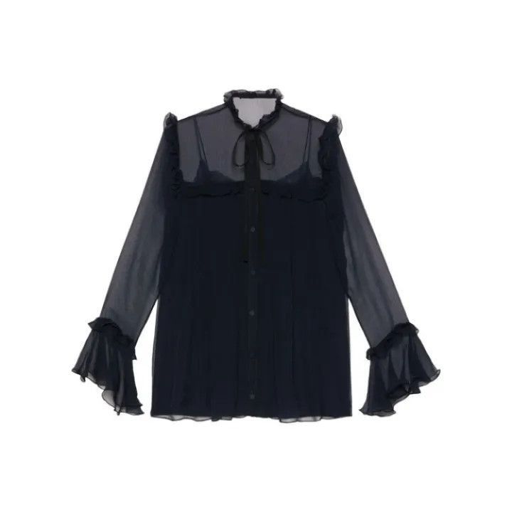 Gucci SS21 Ruffled Long Sleeve Shirt in Blue-2507