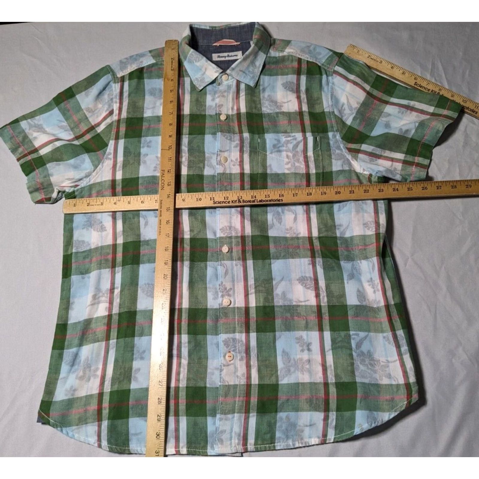 Tommy Bahama TOMMY BAHAMA Men L Button-Up Shirt Plaid Green Blue Floral Lined Cotton Short Sleeve Casual Travel Size US L / EU 52-54 / 3 - 7 Thumbnail