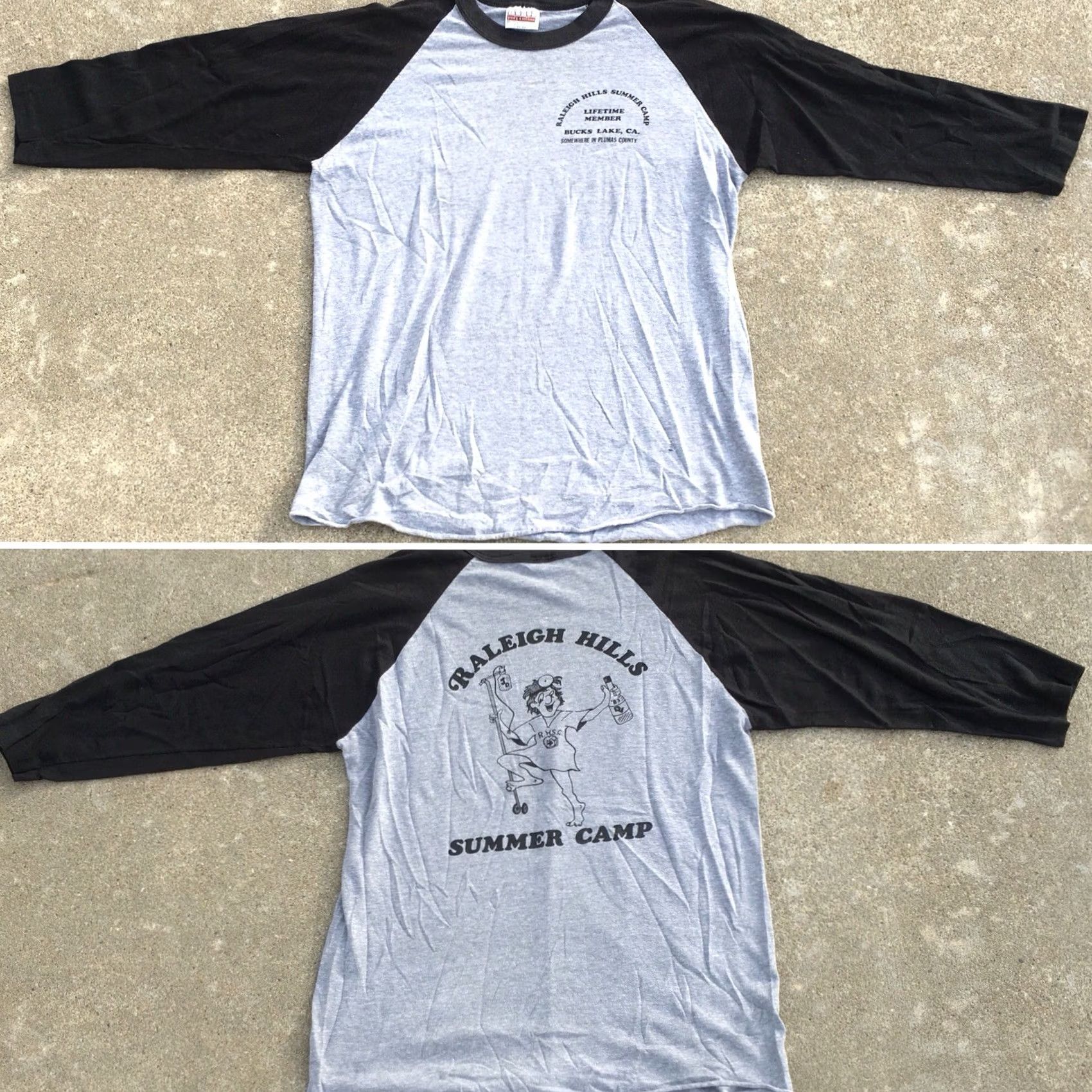 Hanes VINTAGE Raleigh Hills Summer Camp Raglan T Shirt 1980s 80s Sz L Men Heather Gray & Black Hanes Poly cotton 65% Cotton 35% Polyester Graphic Tee Size US L / EU 52-54 / 3 - 7 Thumbnail