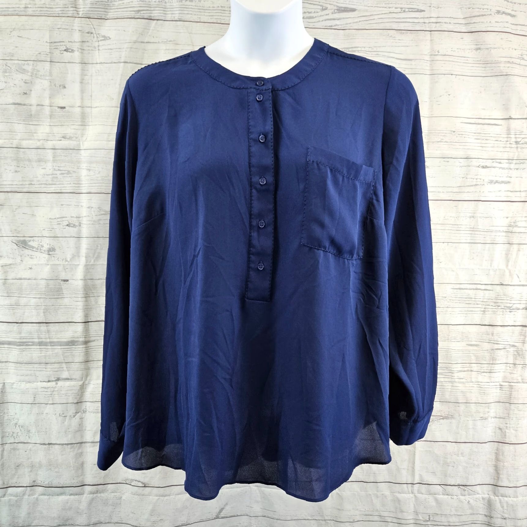 Vintage Lane Bryant Womens Blouse Sz 22/24 Blue Black Stitching Long Sleeve Size 3XL / US 20-22 - 2 Thumbnail