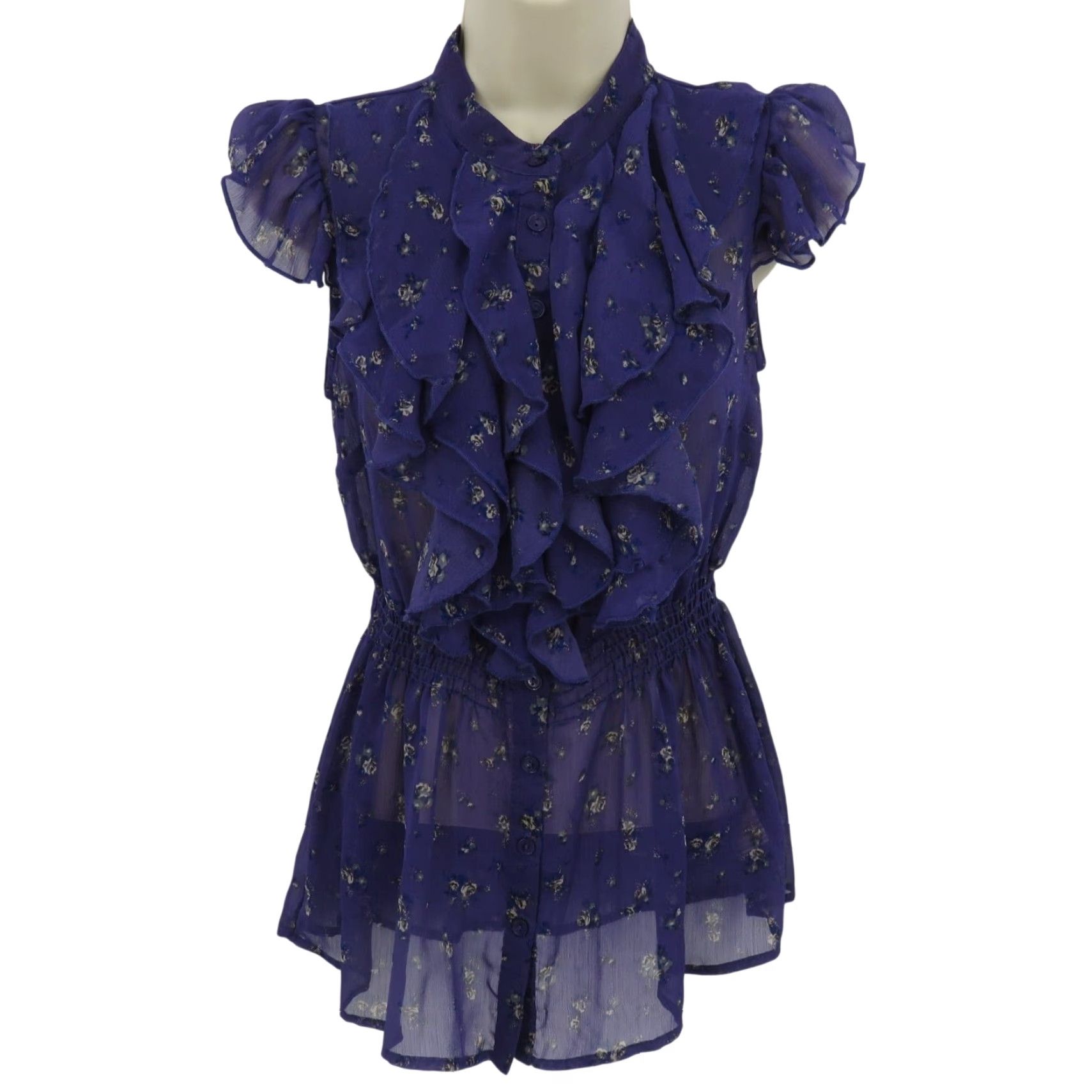 Vintage VINTAGE Kirra Shirt Juniors Small Purple Rose Floral Sheer Ruffle Blouse Top Button Closure Casual Size S / US 4 / IT 40 - 2 Thumbnail