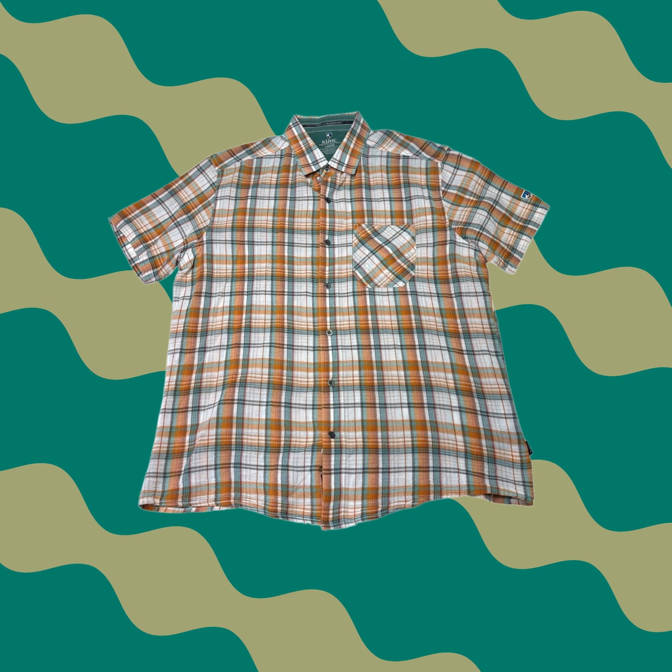 Altea Kuhl Mens Large Orange Teal Plaid Organic Cotton Short Sleeve Button Down Shirt Size US L / EU 52-54 / 3 - 1 Thumbnail