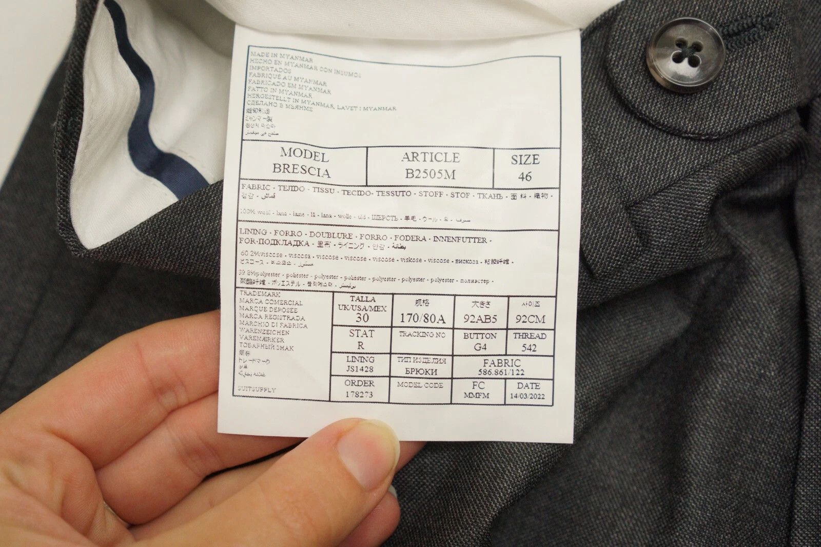 Suitsupply Men Suitsupply 3 Piece Suit Dark Grey Lazio 110's Wool US36 Size 36R - 10 Thumbnail