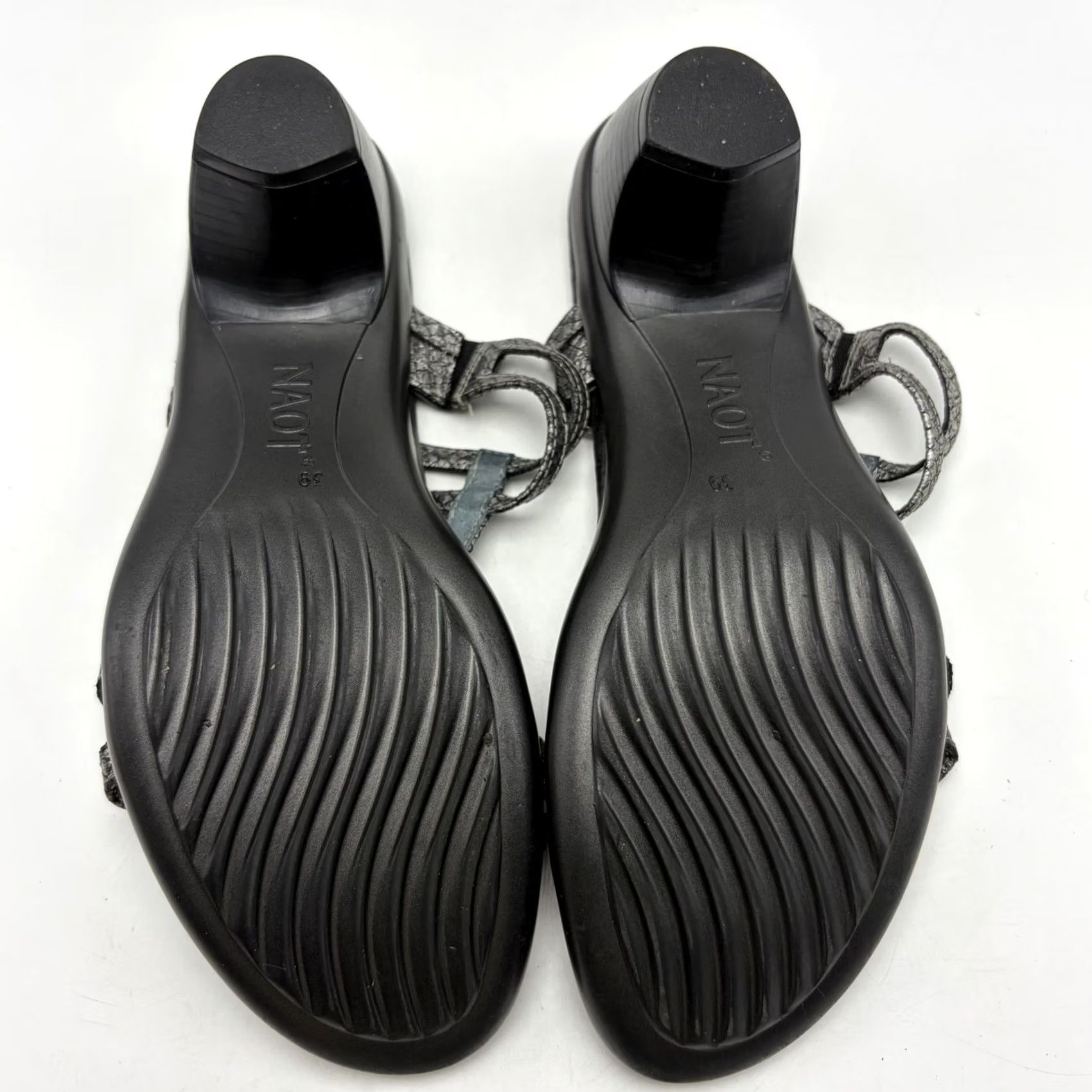 Vintage NAOT Loop Sandals Strappy Leather Pewter Snake Print 2" Heel Women 8 US 39 EU Silver Slide Slides Pewter Snake Print Leather NAOT Loop Womens Sandal Size US 8 / IT 38 - 6 Thumbnail