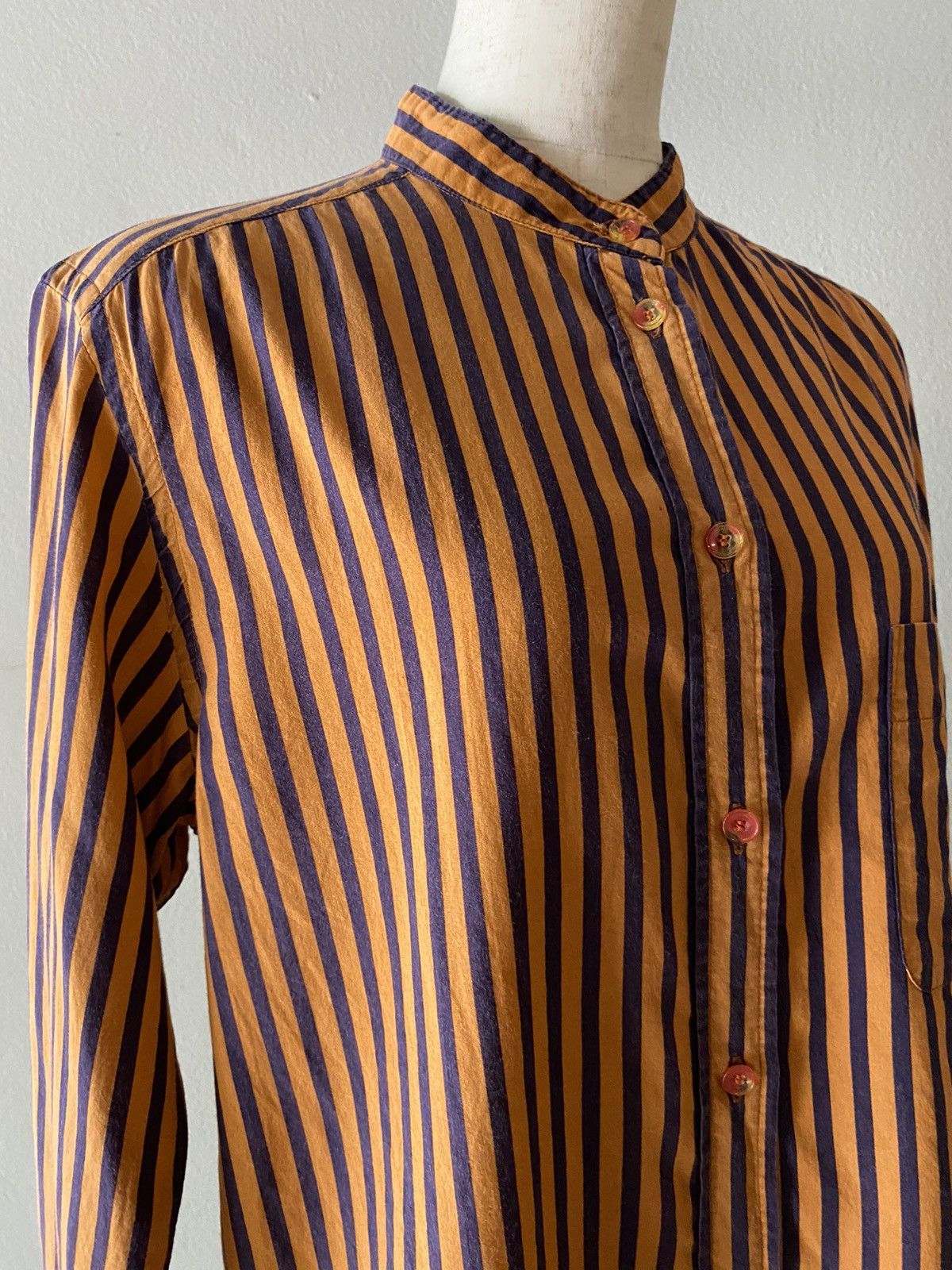 mercibeaucoup mercibeaucoup Orange & Navy Striped Mandarin Collar Shirt Size M / US 6-8 / IT 42-44 - 5 Thumbnail