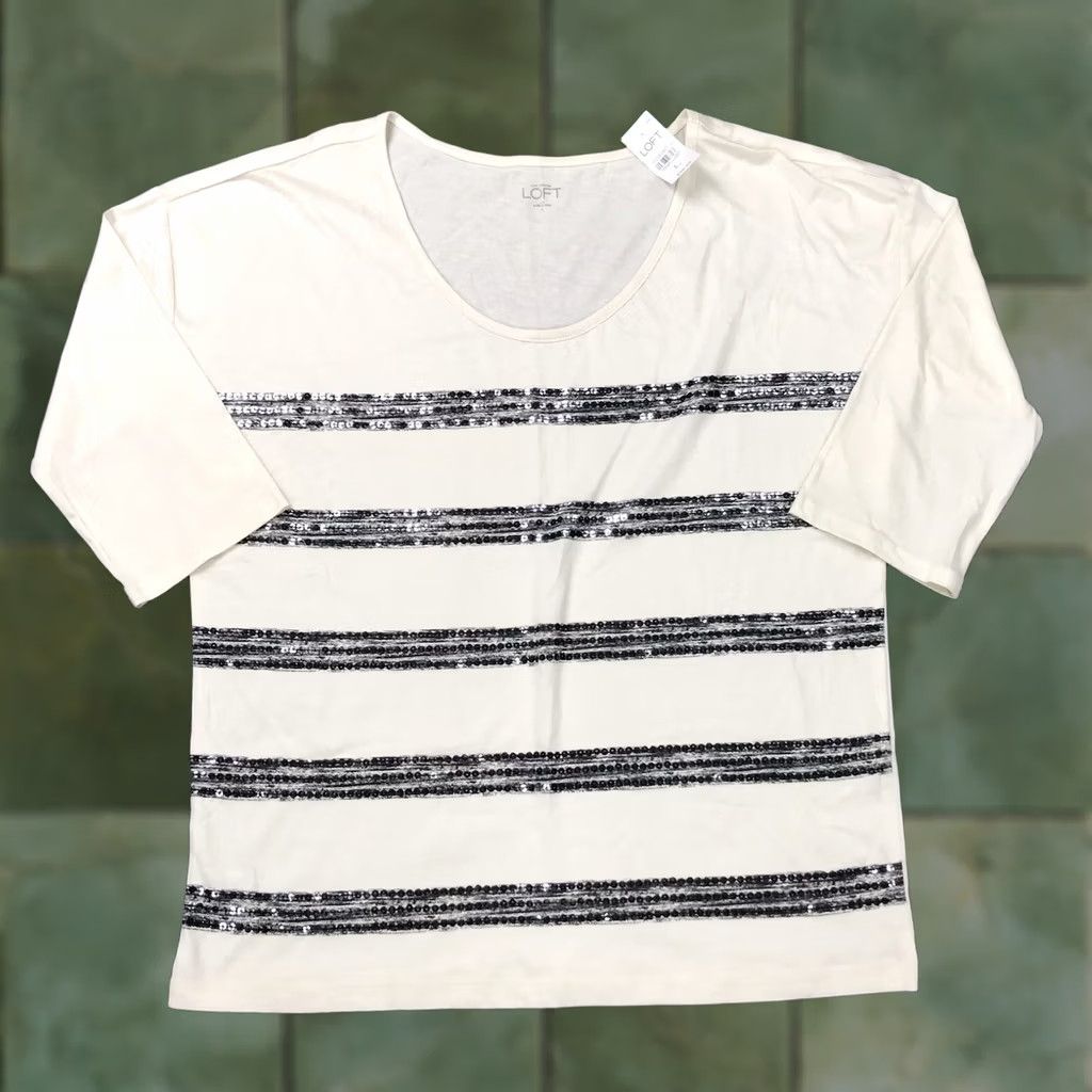 Ann Taylor NWT Ann Taylor Loft Stylish Sequenced Beige Gray Shirt Women’s Large 3/4 Sleeve Size L / US 10 / IT 46 - 1 Thumbnail