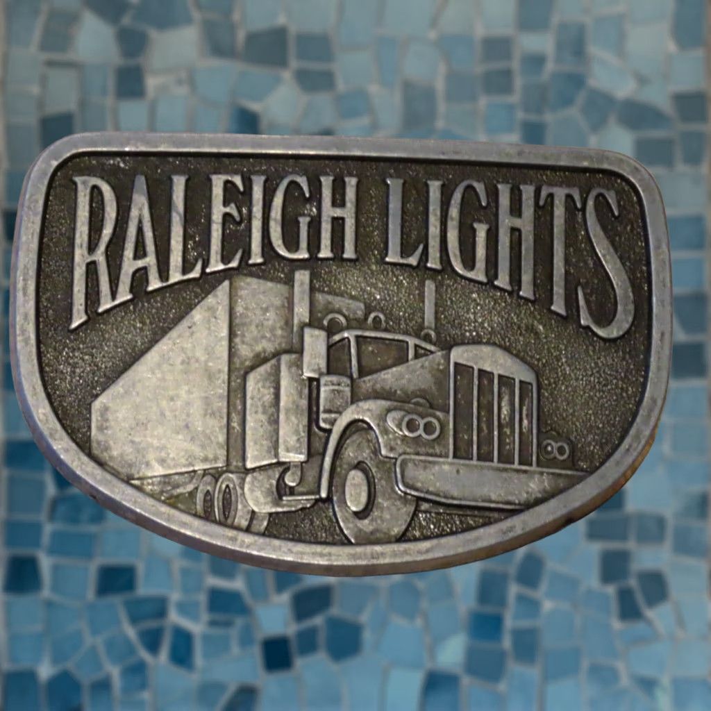 Vintage Raleigh Belt Buckle Men Metal Gray Advertising Semi Truck Lights Cigarettes All Metal Buckle Size ONE SIZE - 1 Thumbnail
