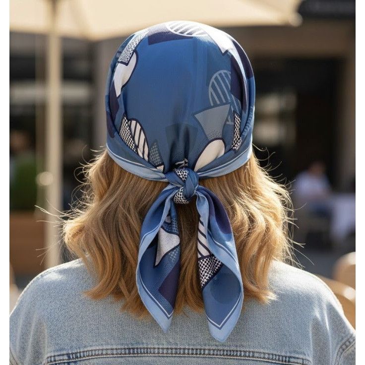 Other ⭐Geometric Square Scarf Blue Silky Neck Wrap Retro Abstract Size ONE SIZE - 2 Thumbnail
