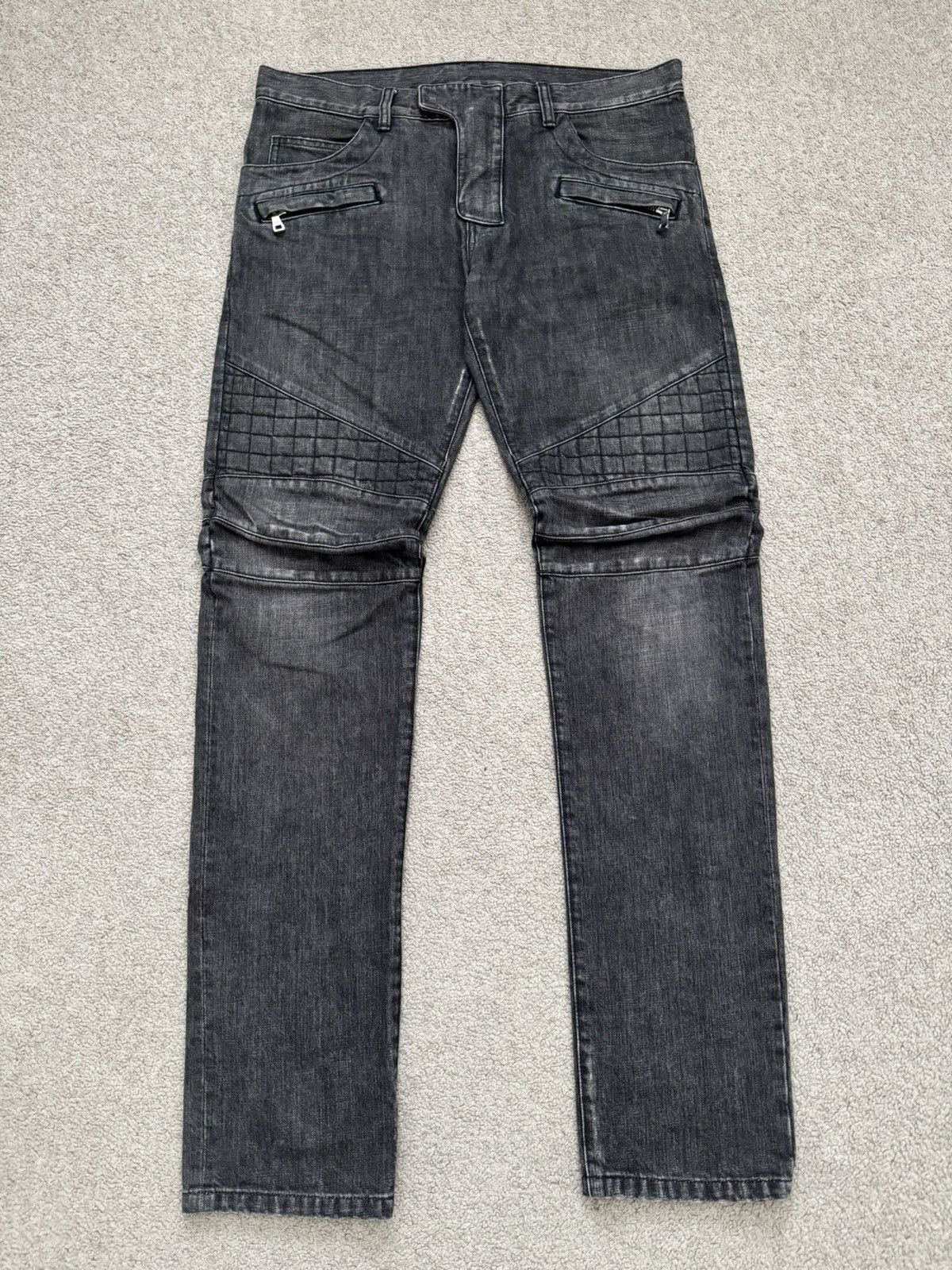 FW12 Balmain Olivier Rousteing Quilted Zip Biker Denim Jeans