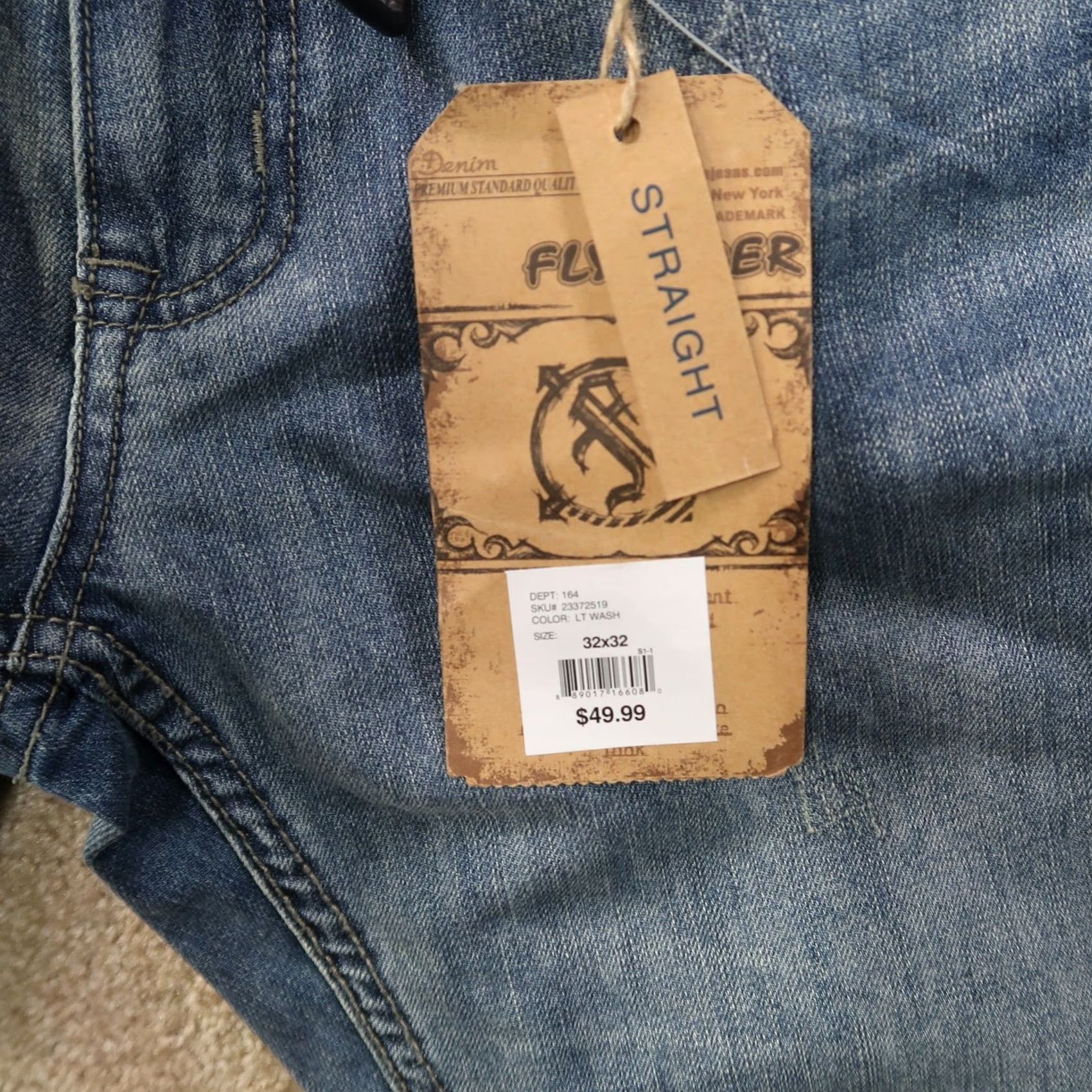Denime Flypaper Jeans Men's 32x32 Blue Denim Belted Straight Leg 5-Pocket Mid Rise Distressed Stretch Regular Size US 32 / EU 48 - 3 Thumbnail