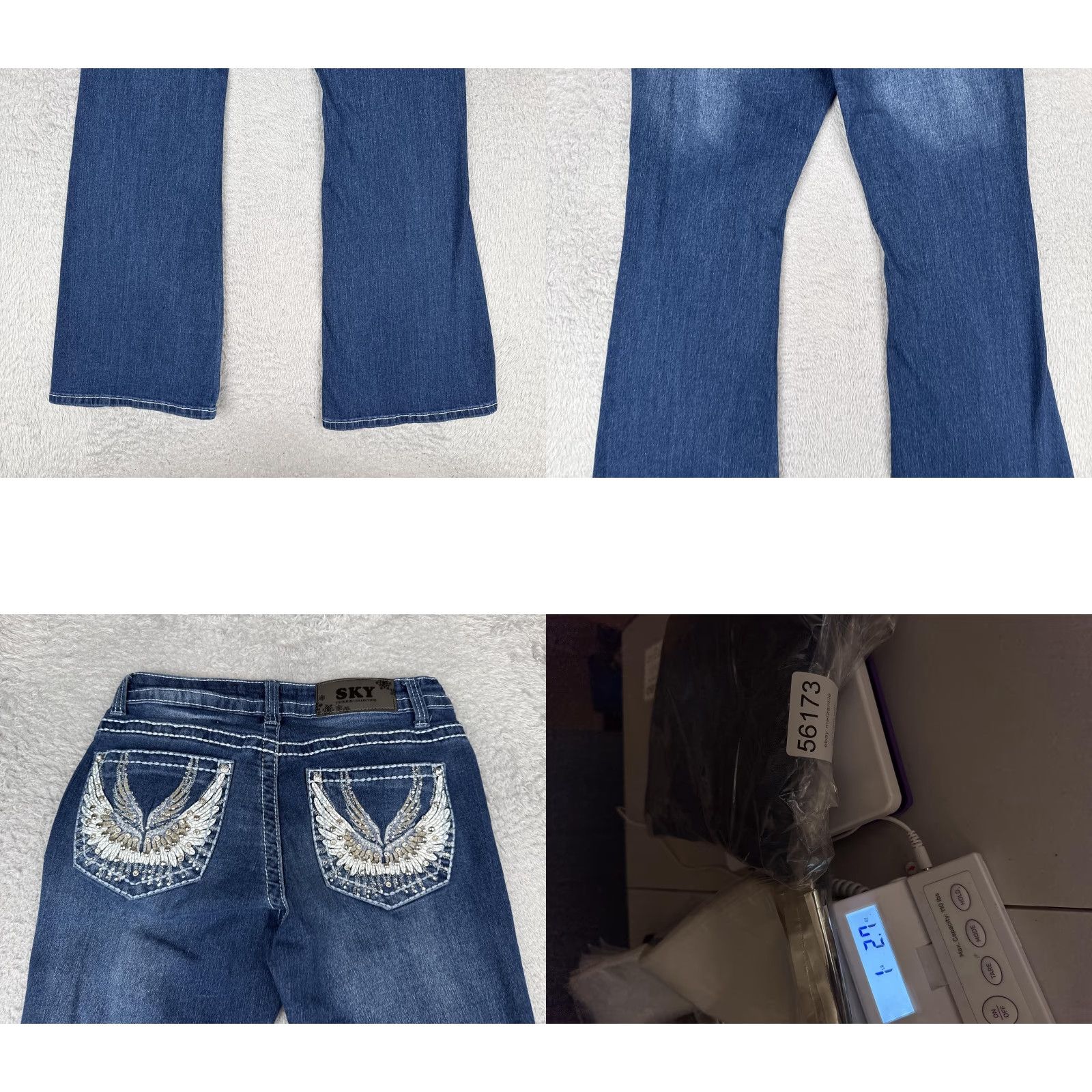 Vintage Sky Jeans Juniors 7 Blue Med Wash Low Rise Flared Stretch Rhinestone Pockets 5-Pocket Denim Slim Women's Size 28" / US 6 / IT 42 - 10 Thumbnail