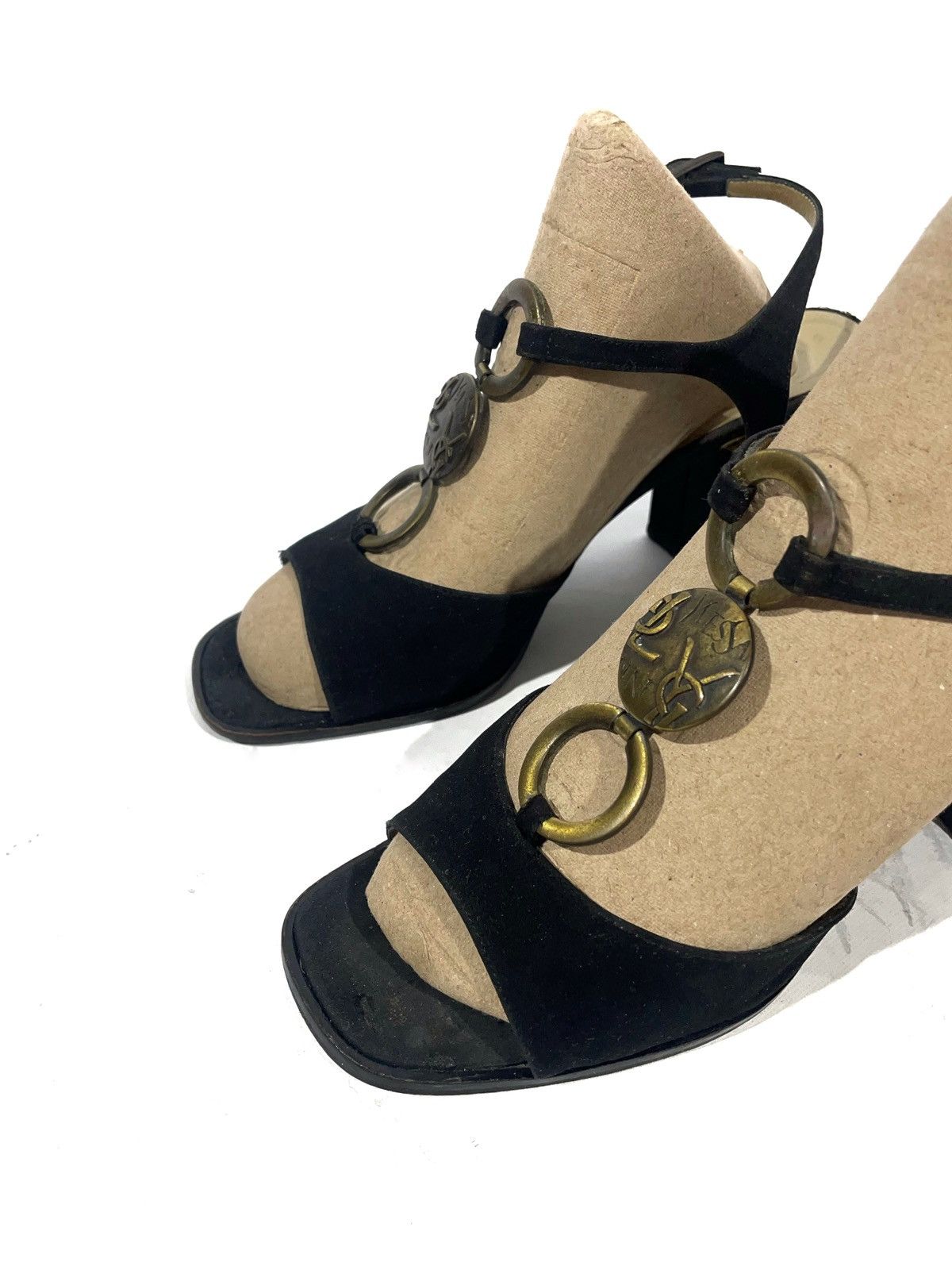 Yves Saint Laurent Yves Saint Laurent Black Velour Gold Logos Heels Size 36.5 Size US 6.5 / IT 36.5 - 6 Thumbnail