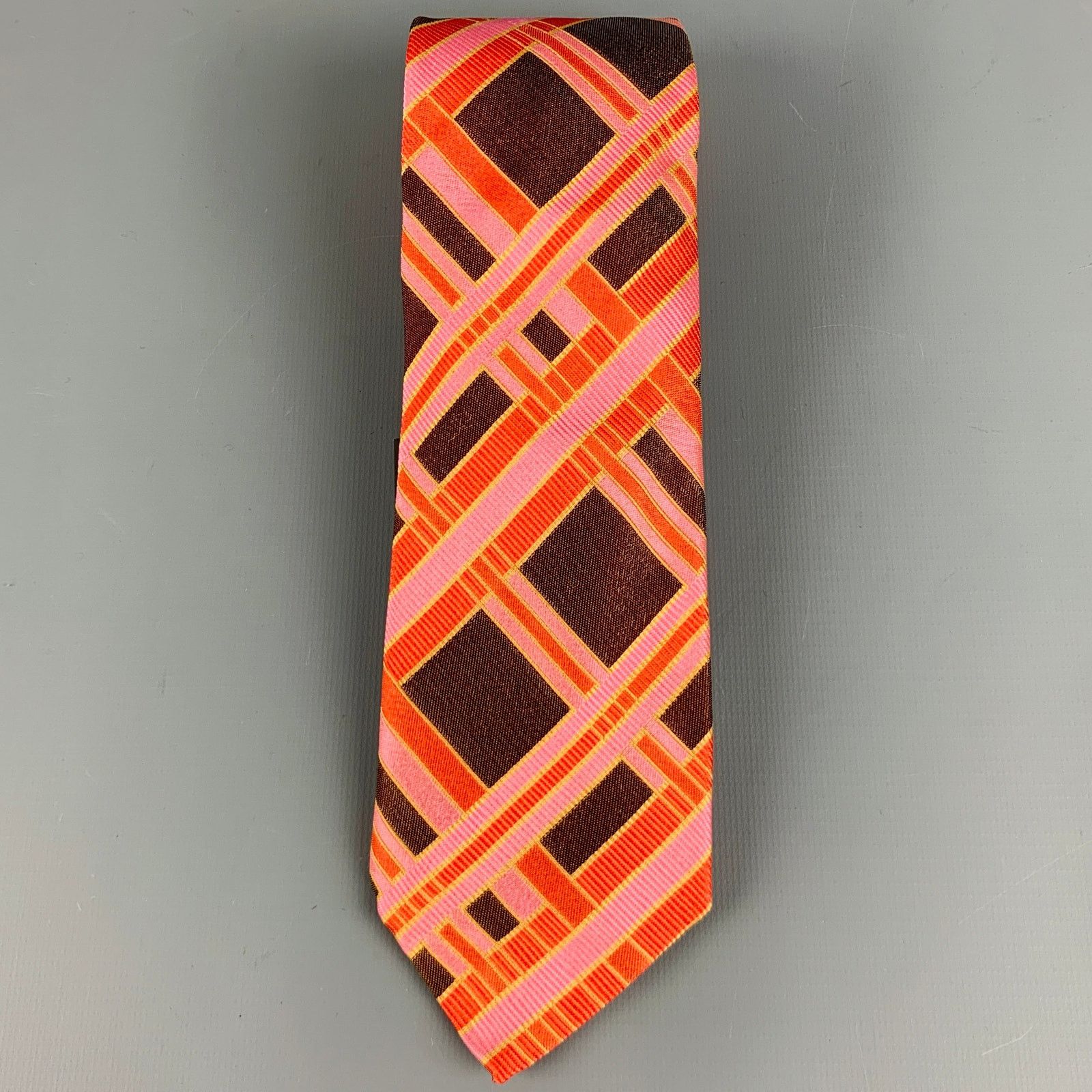 Other NO BRAND Brown Pink Orange Plaid Silk Tie Size ONE SIZE - 2 Thumbnail