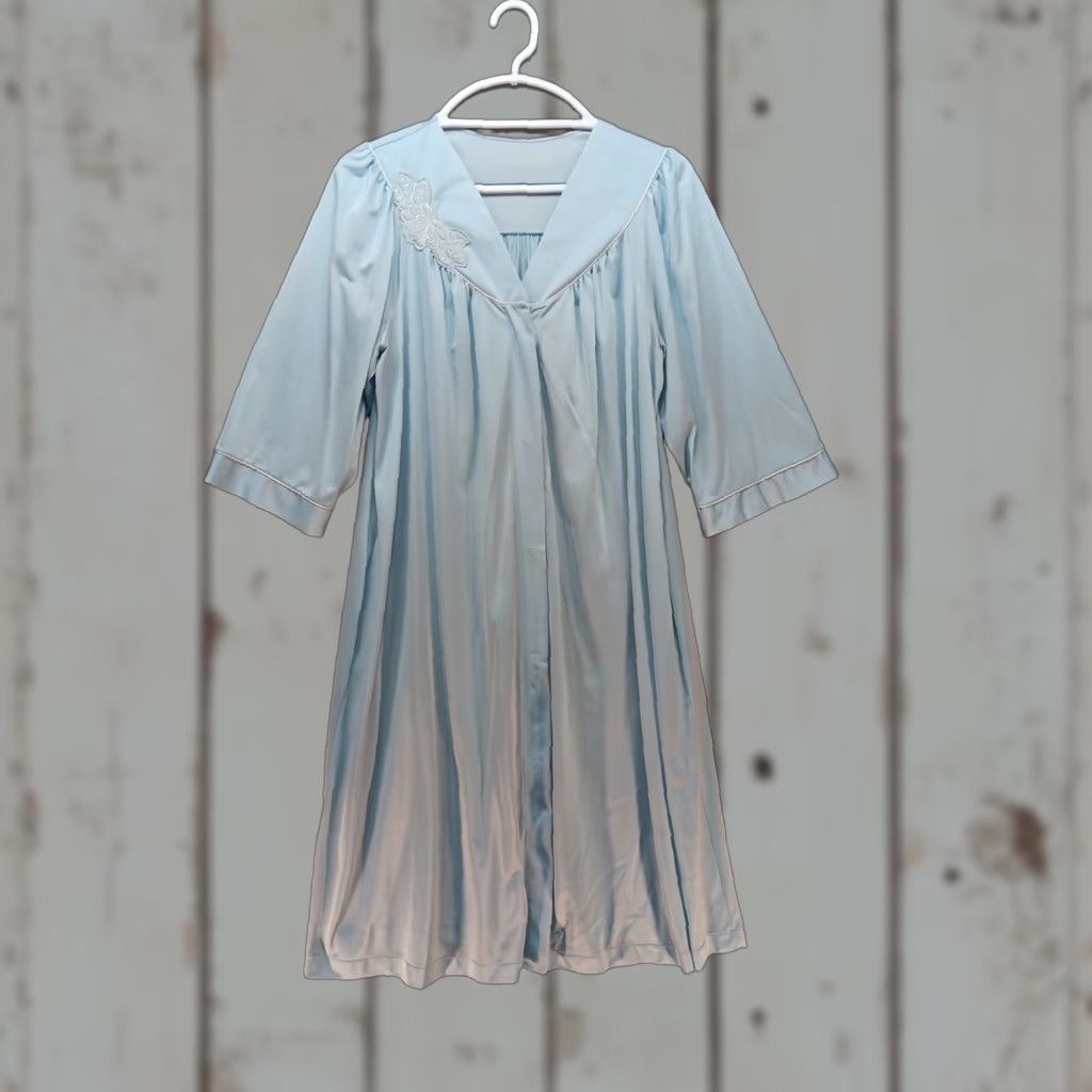 Vintage VTG Shadowline Nylon Robe Size Medium Sky Blue Long Snap Front Lace Trim GUC Size ONE SIZE - 1 Thumbnail
