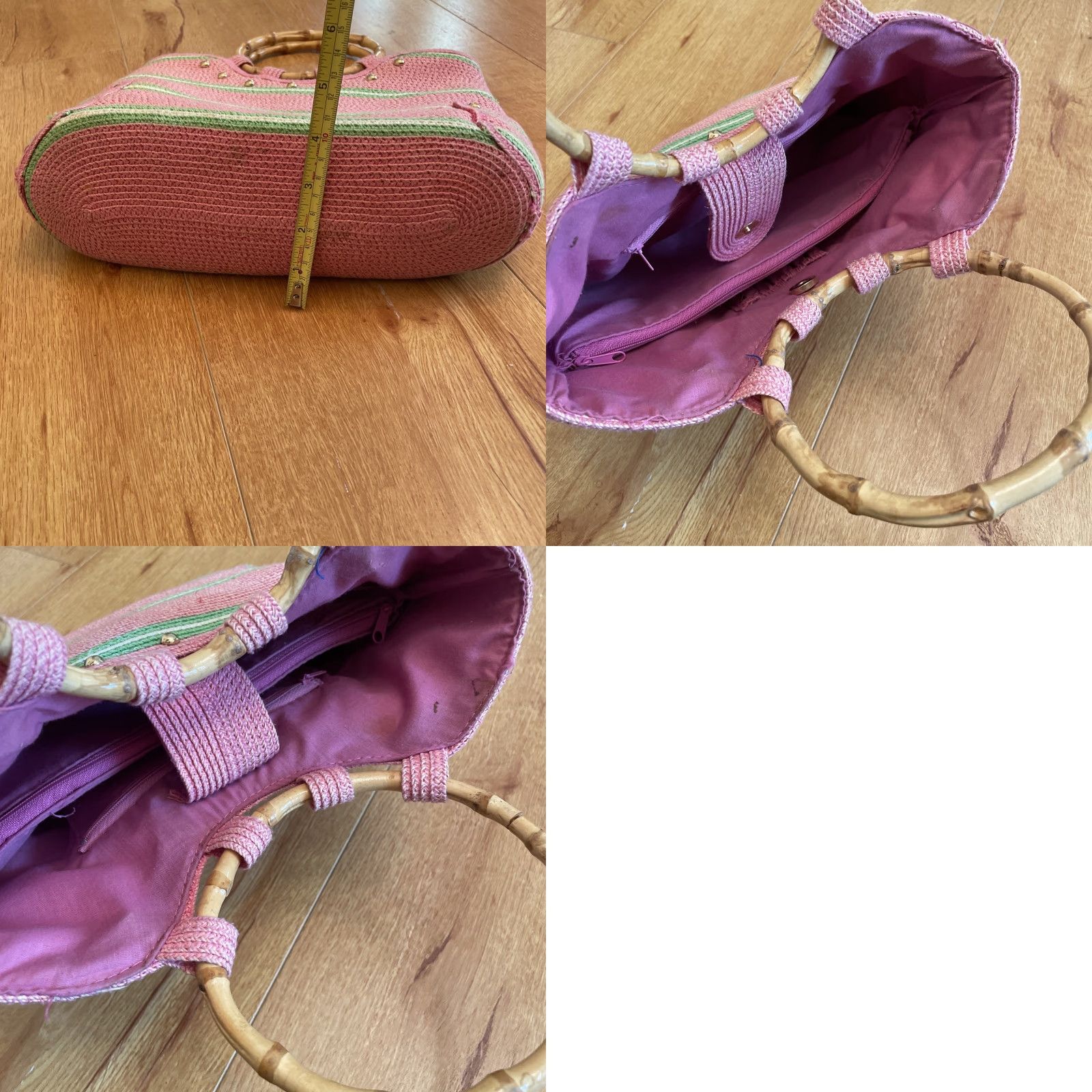 Vintage VTG Raphia Stripe Tote Bag Top Handle Bamboo Handles Pink Green Stripe Boho Women Small Size ONE SIZE - 8 Thumbnail