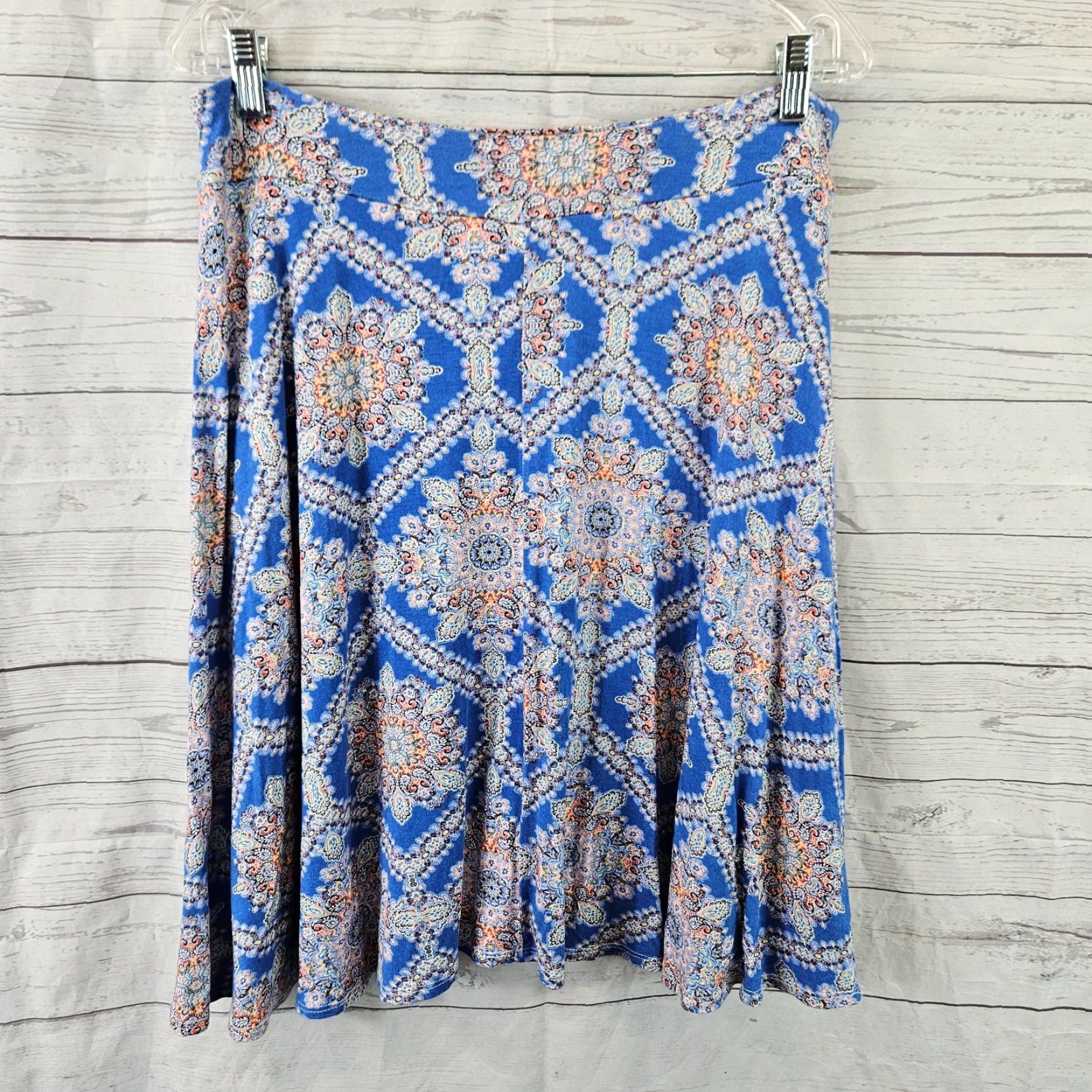 Vintage Renee C Skirt L Blue Orange Pull On A-Line Knee Length Rayon Blend Womens Size 36" / US 14 / IT 50 - 3 Thumbnail