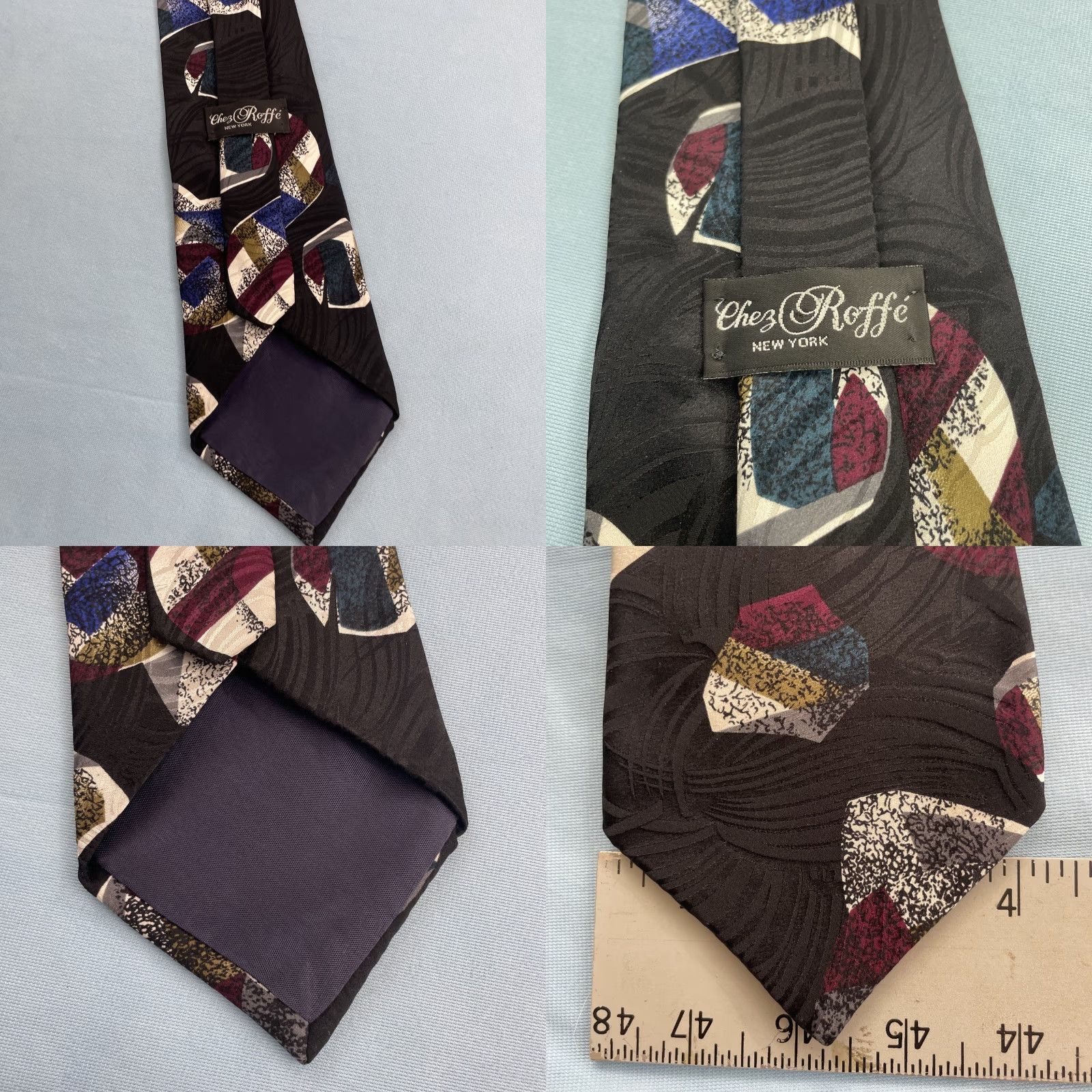Vintage VINTAGE Chez Roffe 100% Silk Tie Hand Made Abstract Geometric Black vtg 90s Wide 4.2x58" Tie Men Size ONE SIZE - 10 Thumbnail