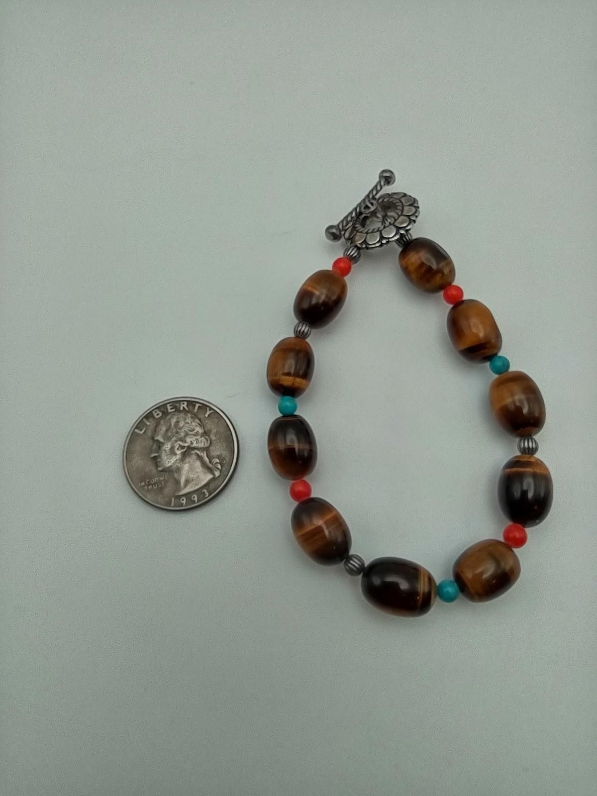 The Unbranded Brand Sterling Silver Tiger Eye Bead Bracelet Toggle 8 Inch Size ONE SIZE - 3 Thumbnail