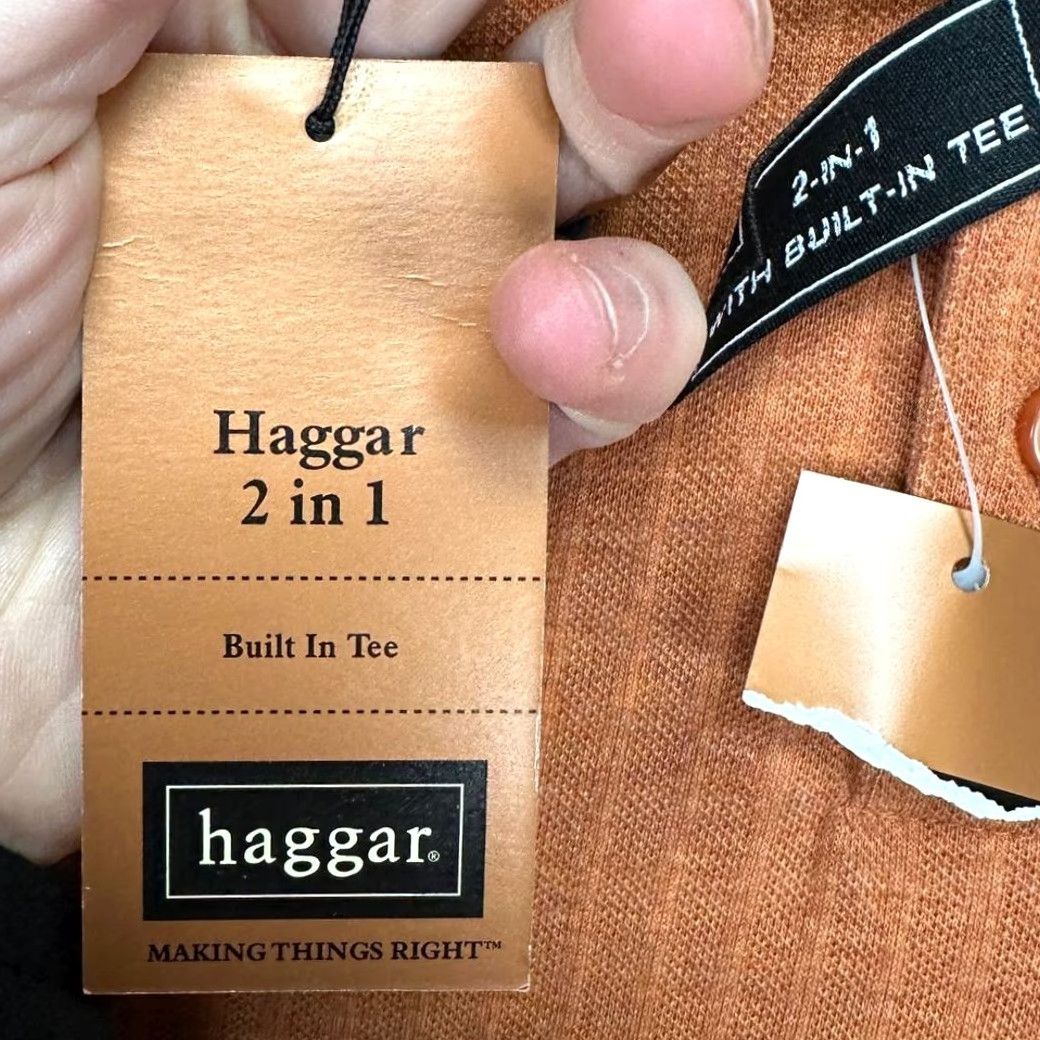 Haggar VINTAGE Haggar 2n1 Polo Shirt Mens XL Built In Tee Orange Striped Knit Rugby, 2n1 Built In Tee, Polo, Short Sleeve, Chest 51, Length 31, NEW Size US XL / EU 56 / 4 - 2 Thumbnail