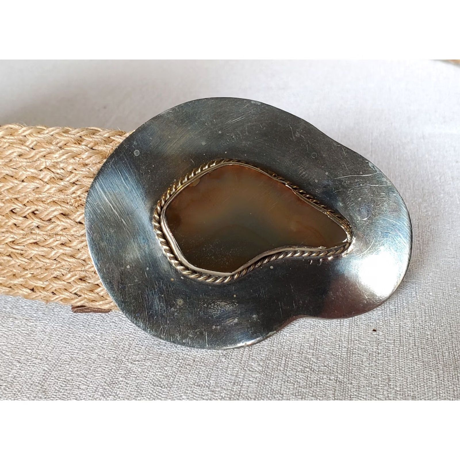 Vintage VINTAGE Boho Hippie Raffia Weave Stone Inlay Silver Metal Buckle Belt 38" Made India Size ONE SIZE - 3 Thumbnail