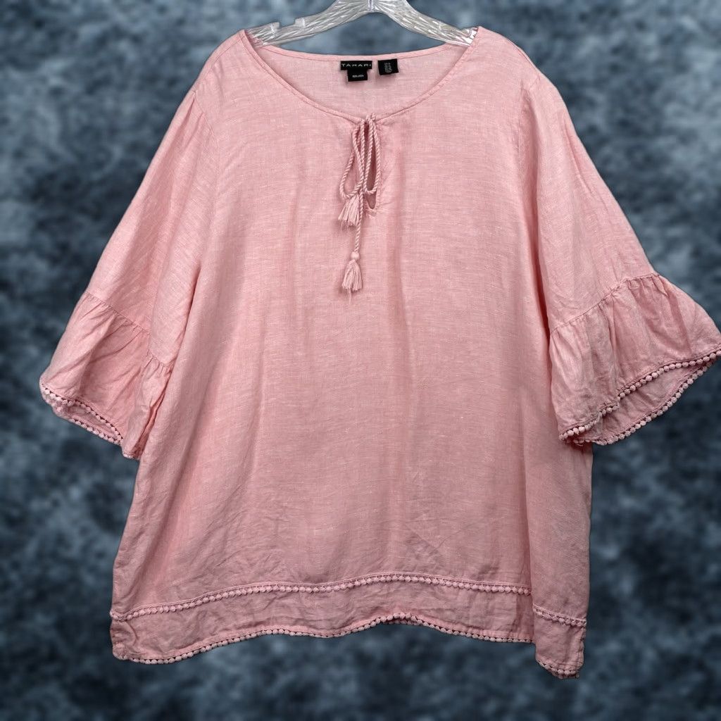 Vintage Tahari Blouse Pink 100% Linen Bell Sleeve 1X Tunic Womens Beach Bohemian Shirt Crew Neck Linen Size XL / US 12-14 / IT 48-50 - 1 Thumbnail