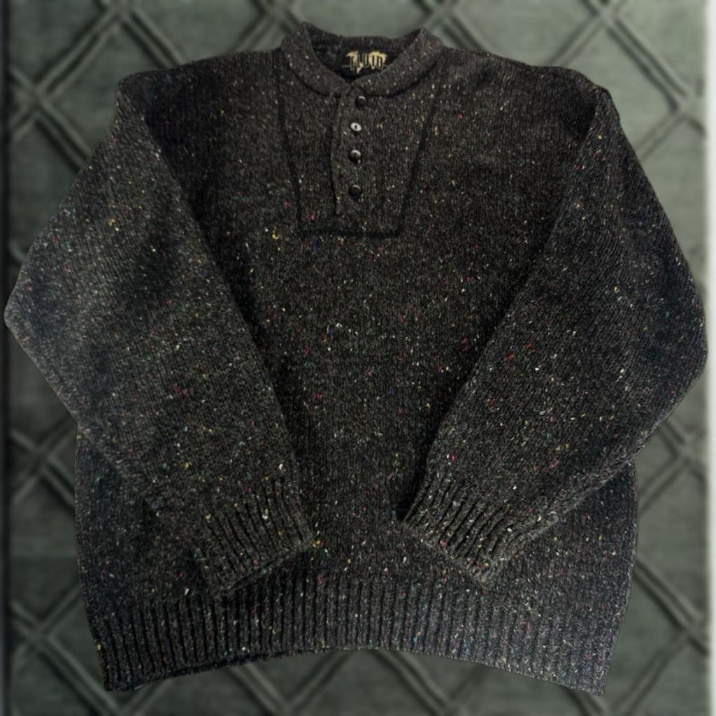 Vintage FLUID Fleck Knit Henley Sweater Men’s Large Gray Wool Blend Button Pullover Size US L / EU 52-54 / 3 - 1 Thumbnail