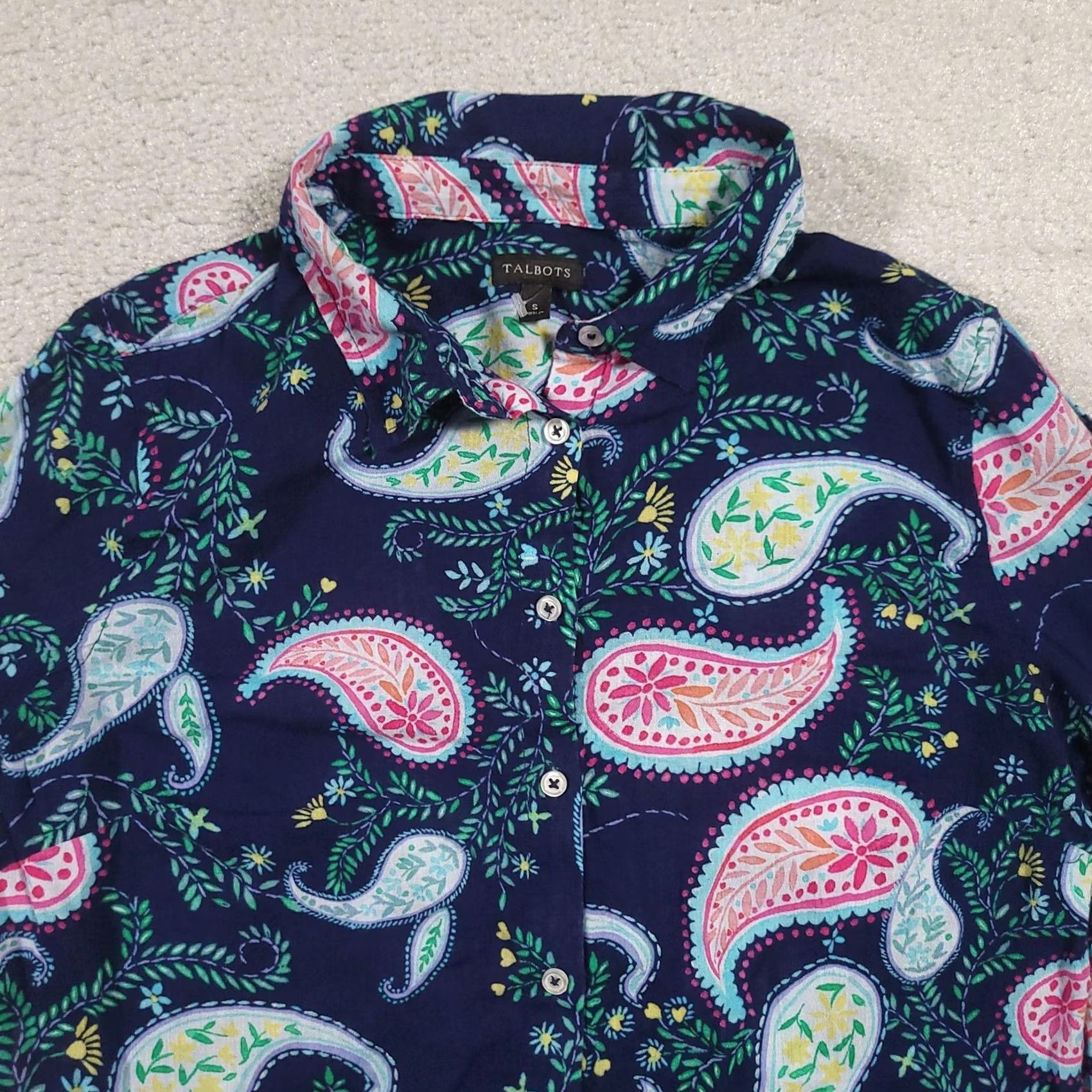 Talbots Talbots Shirt Womens Small Navy Paisley Button Front Long Sleeve Cotton Top Size S / US 4 / IT 40 - 3 Thumbnail