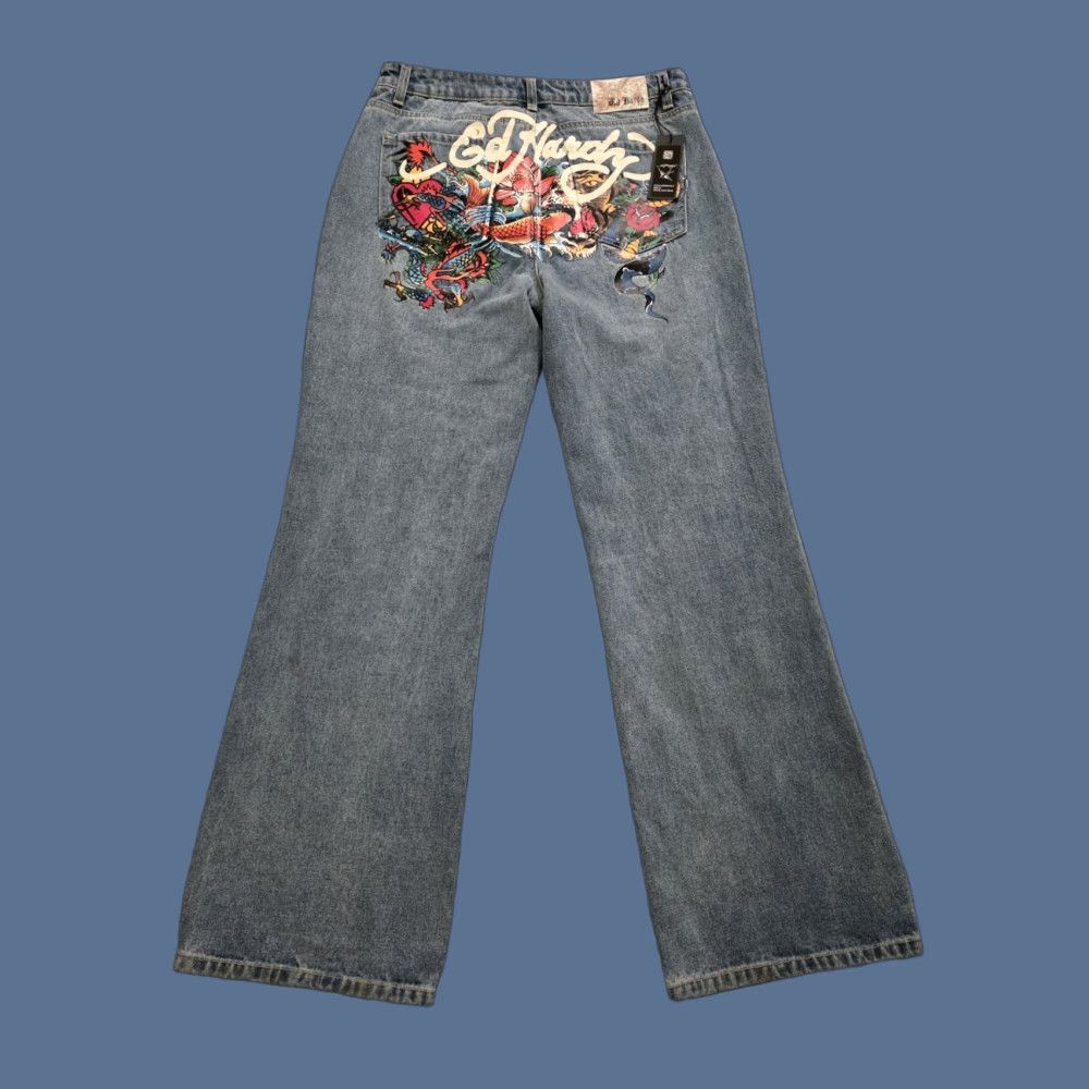 Ed Hardy VINTAGE Ed Hardy Multi Tattoo Low Waist Baggy Jeans Women's Size 32 Painted Logo Koi NWT Blue 90s Art Punk Rock Logo Jeans Womens Size 24" / US 00 / IT 34 - 1 Thumbnail