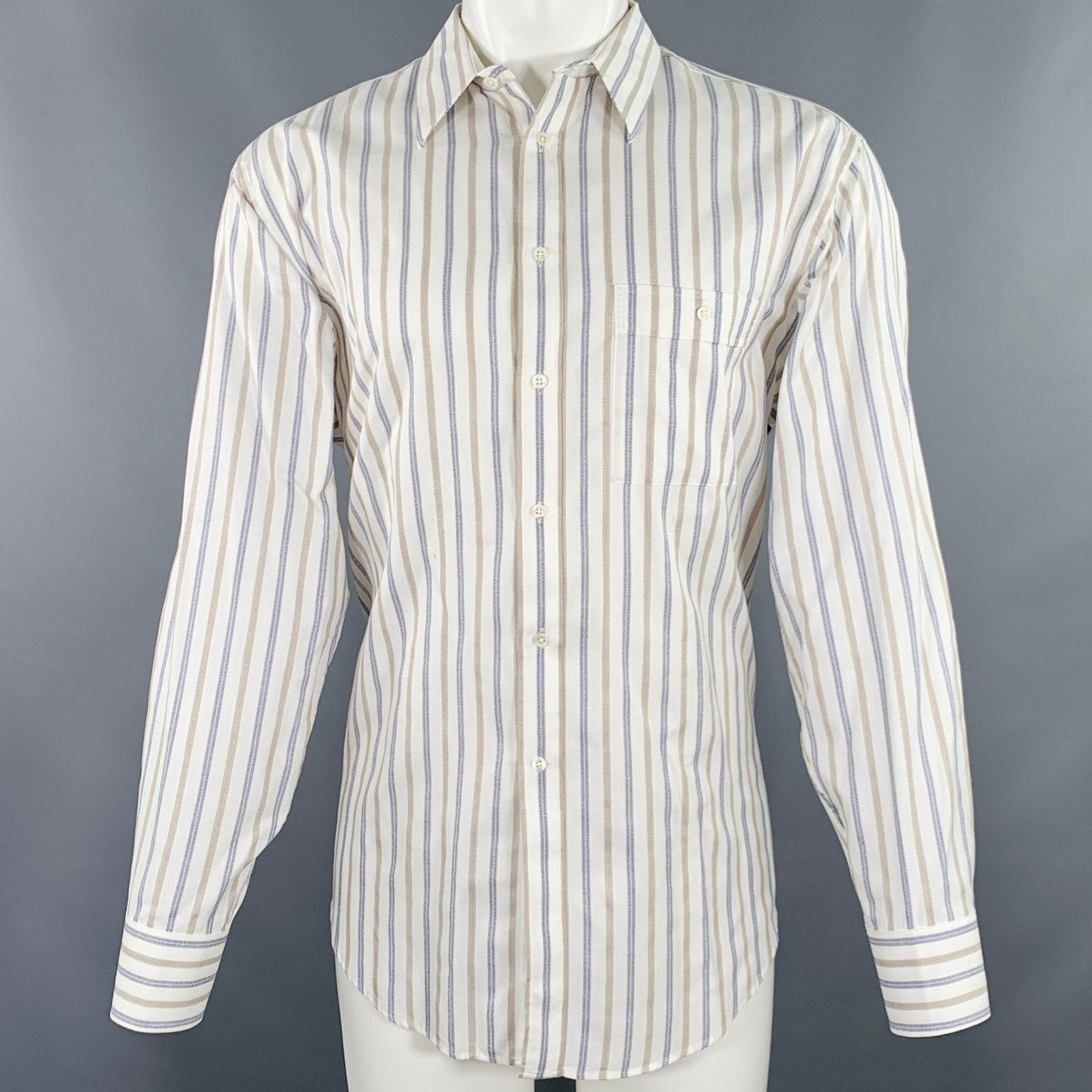 Giorgio Armani Off White Blue Tan Stripe One Pocket Long Sleeve Shirt Size US M / EU 48-50 / 2 - 1 Thumbnail