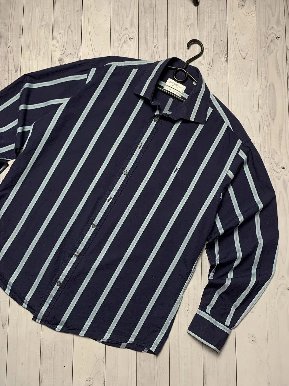 Yves Saint Laurent Vintage Yves Saint Laurent shirt navy YSL logo L striped Size US L / EU 52-54 / 3 - 2 Thumbnail