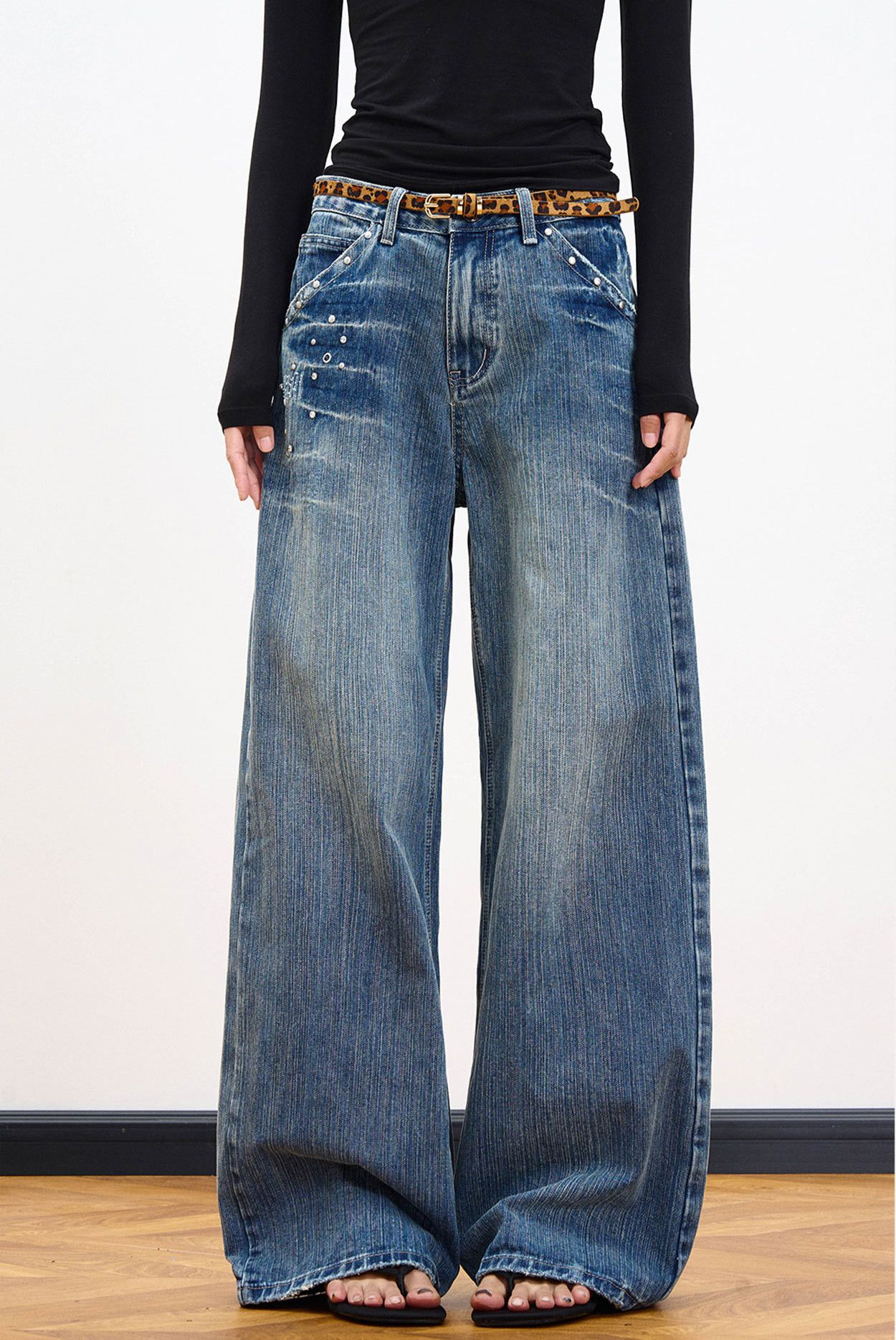 Men's American retro rivet washed distressed lightning jeans