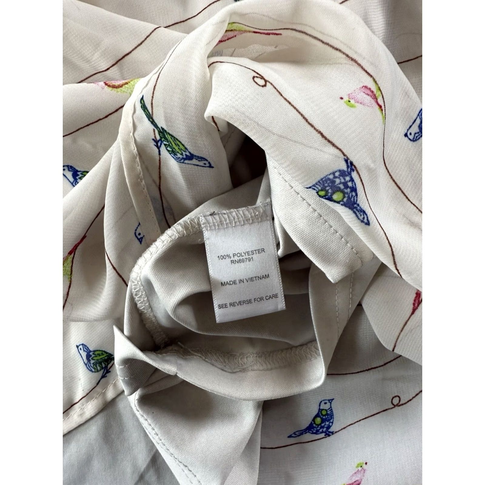 Vintage Roz And Ali Womens Bird Print Chiffon Blouse Top 3X Ivory Short Sleeve Cottage Size XXL / US 16-18 / IT 52-54 - 5 Thumbnail