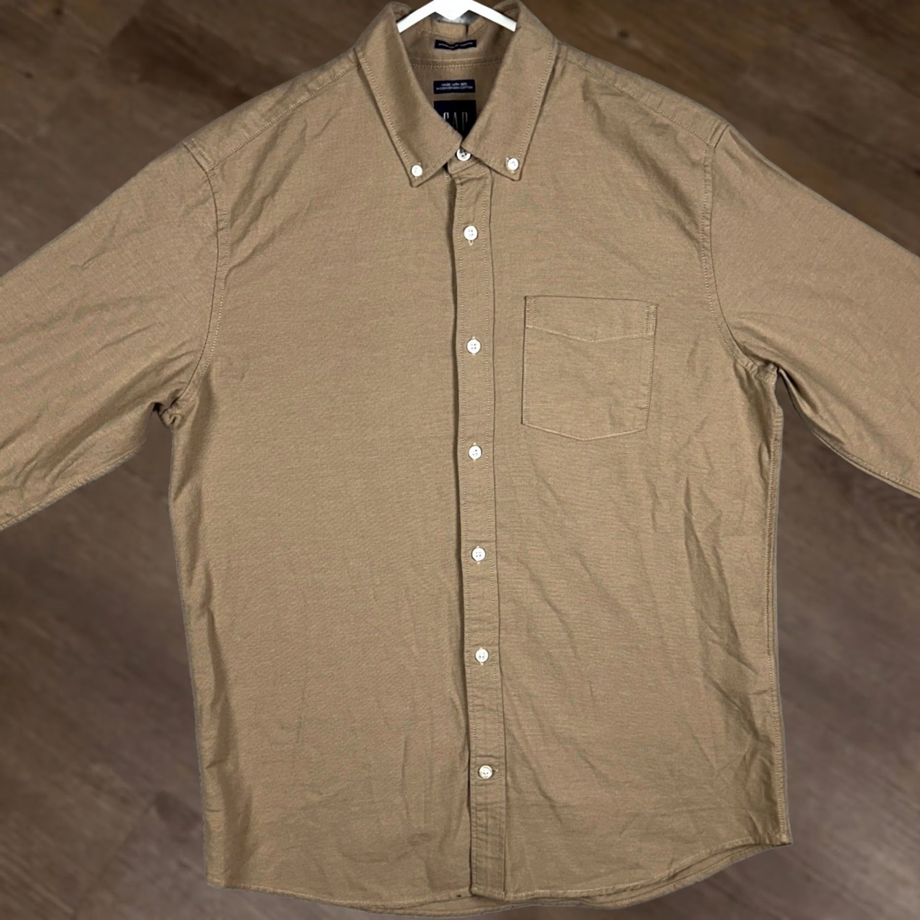Gap GAP Button-Down Shirt Mens M Tan Brown Solid Long Sleeve Button-Front Collar-Down Casual Workwear Size US M / EU 48-50 / 2 - 1 Thumbnail