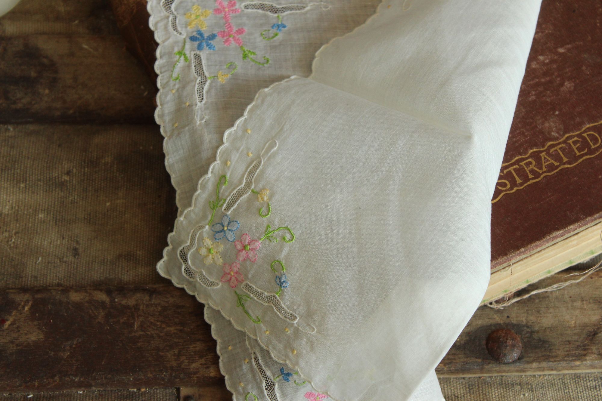 Vintage Vintage Handkerchief, Pink Blue and Yellow Flower Embroidery Size ONE SIZE - 8 Thumbnail