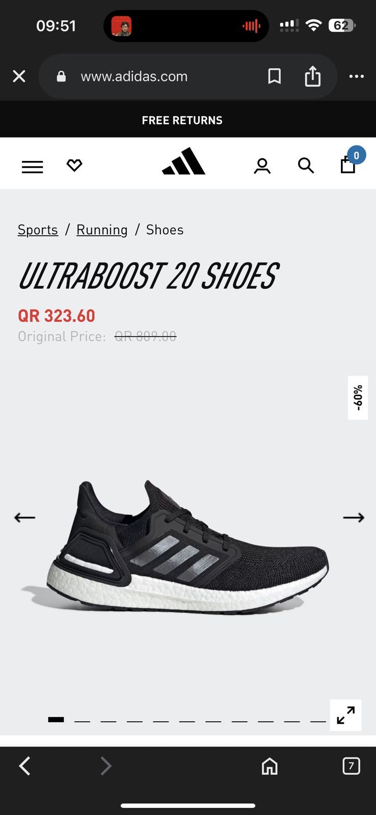 Adidas Adidas UltraBoost 20 Core Black Size US 8 / EU 41 - 3 Thumbnail