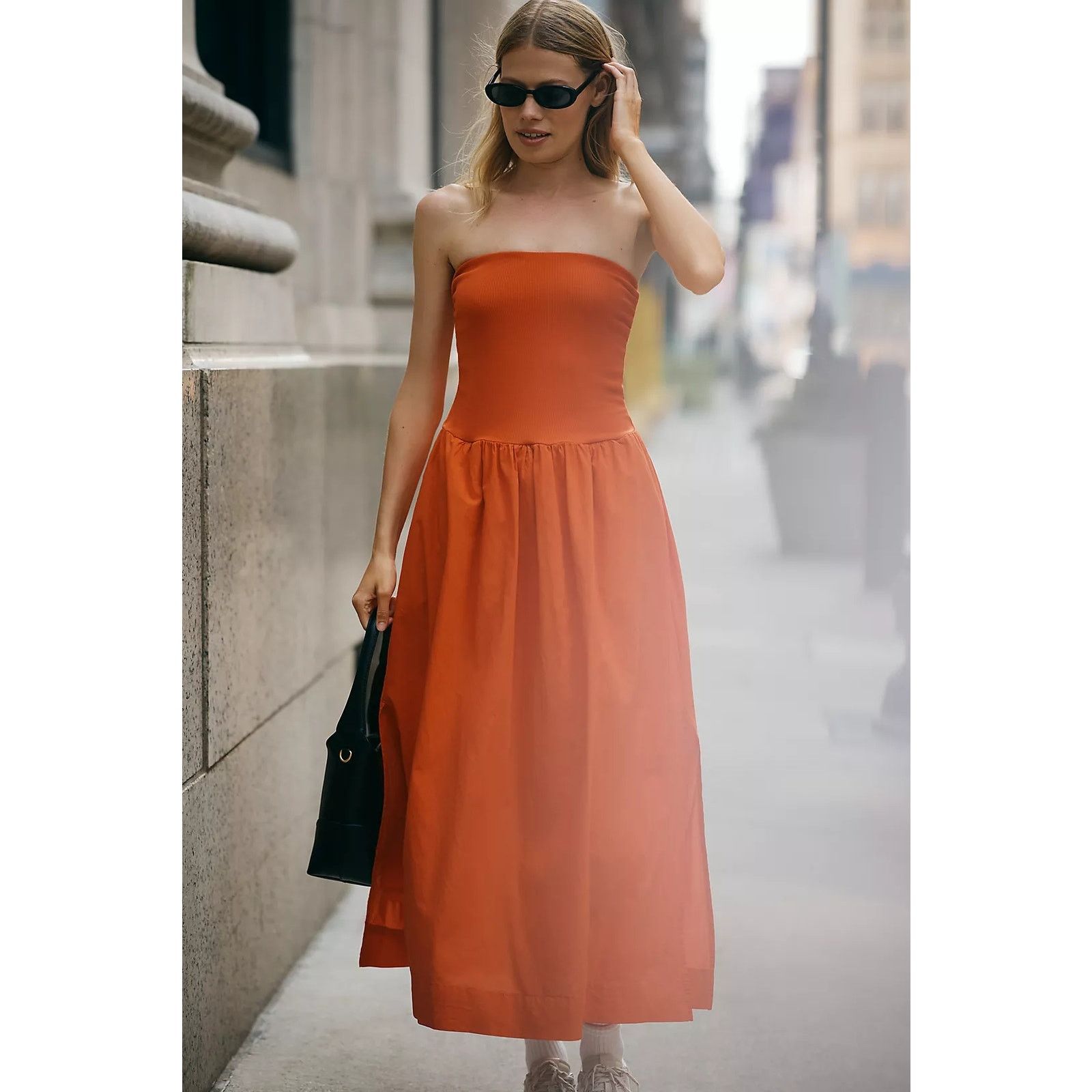 anthropologie orange strapless dress Anthropology Strapless Cowl-Back Midi Dress