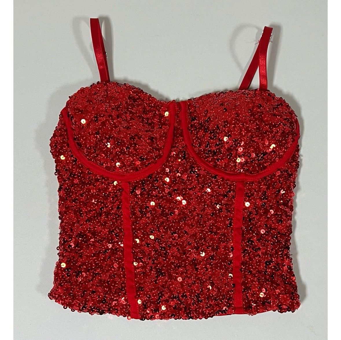 Japanese Brand Red Sequin Corset Bustier Tank Top Shirt Blouse Size XS ❤️ Size XS / US 0-2 / IT 36-38 - 2 Thumbnail
