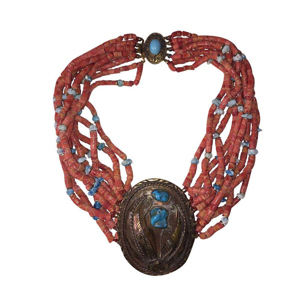 Designer Sponge Red Coral Bead Turquoise Nugget Buckle Necklace Size ONE SIZE - 1 Thumbnail