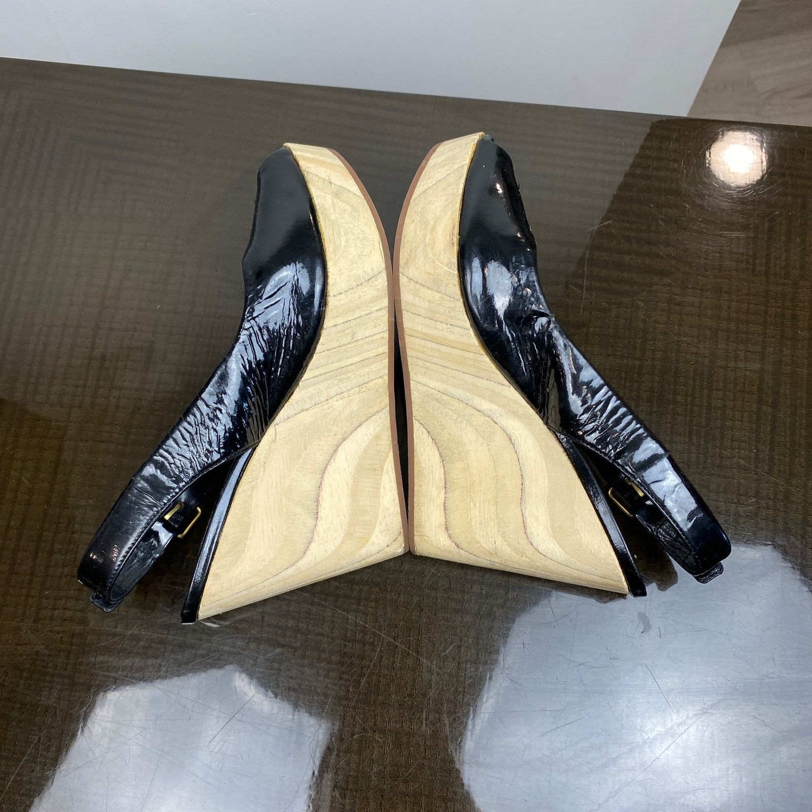 Miu Miu Miu Miu Patent Leather Peep Toe Wedge Heels Slingback 35 Size US 5 / IT 35 - 6 Thumbnail