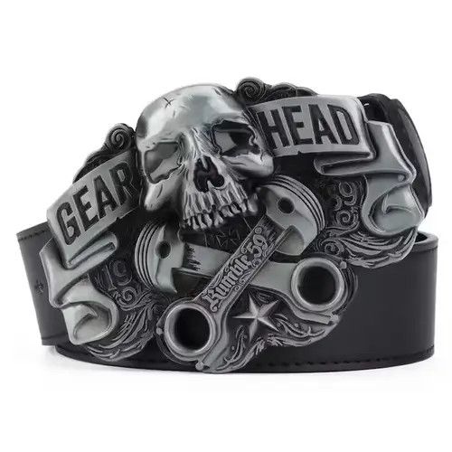 image of Leather Gear Head Skull Buckle Belt in Black, Men's