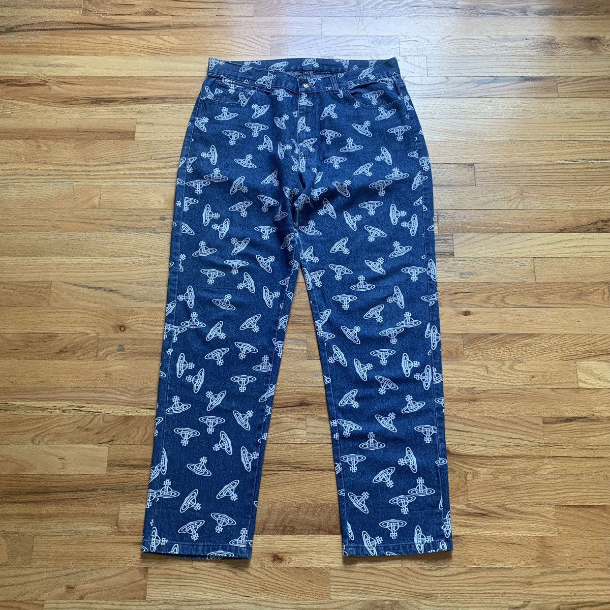 image of Vivienne Westwood Ss1985 Orb Monogram Print Jeans in Blue, Men's (Size 34)