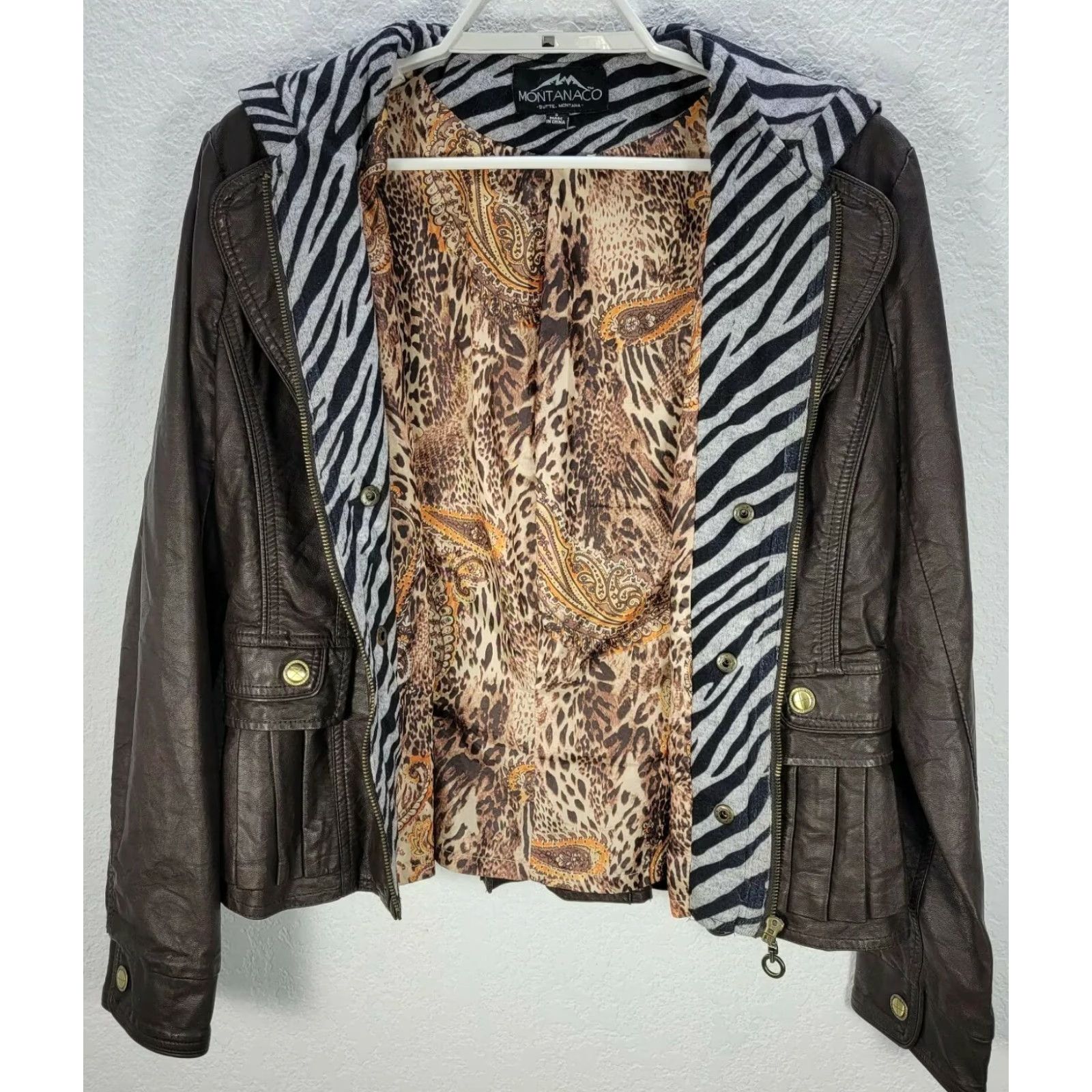 Vintage Montanaco Women's Hooded Faux Leather Jacket Brown Zebra Print Sz S - Animal Print, Gold Button, Mid-Length, Casual Coat Size S / US 4 / IT 40 - 5 Thumbnail